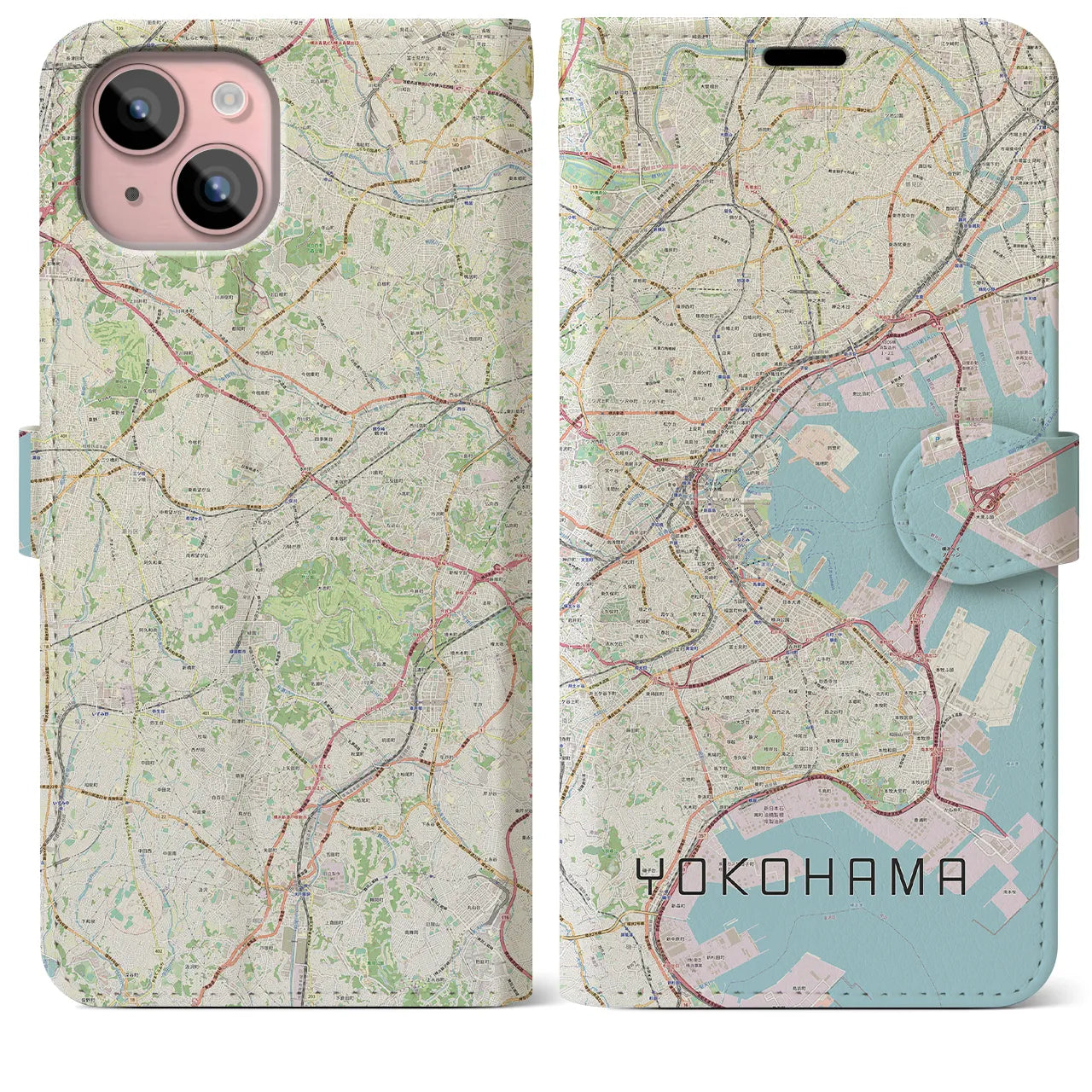 【横浜(神奈川県)】地図柄iPhoneケース(手帳タイプ)ナチュラル・iPhone 15 Plus 用