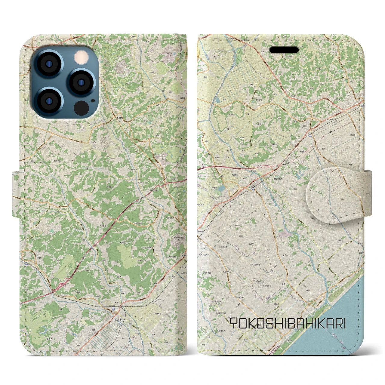 【横芝光(千葉県)】地図柄iPhoneケース(手帳タイプ)ナチュラル・iPhone 12 / 12 Pro 用