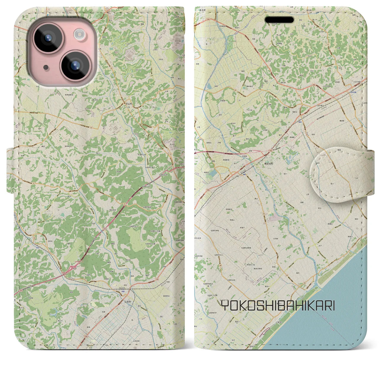 【横芝光(千葉県)】地図柄iPhoneケース(手帳タイプ)ナチュラル・iPhone 15 Plus 用