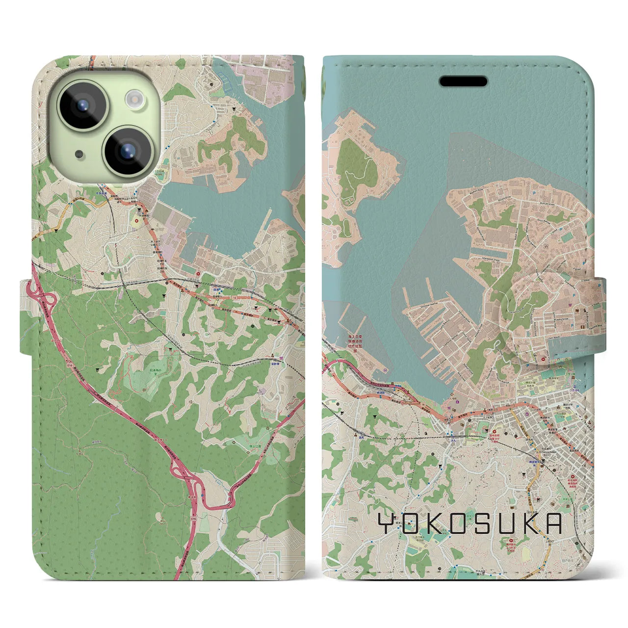 【横須賀(神奈川県)】地図柄iPhoneケース(手帳タイプ)ナチュラル・iPhone 15 用