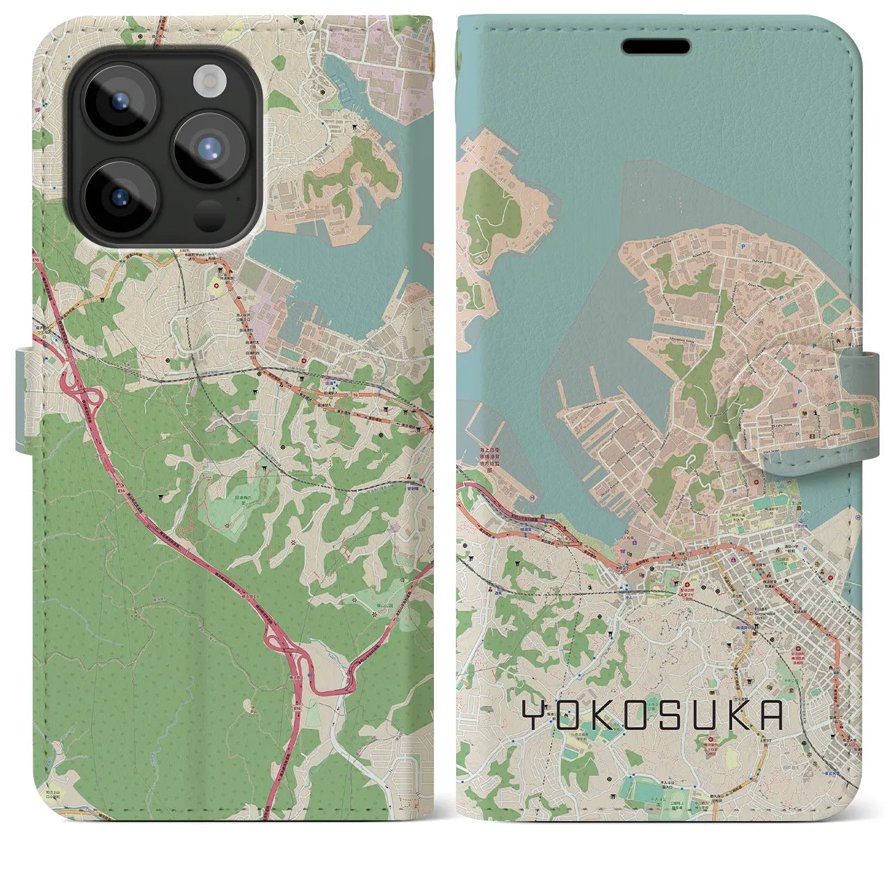 【横須賀(神奈川県)】地図柄iPhoneケース(手帳タイプ)ナチュラル・iPhone 15 Pro Max 用