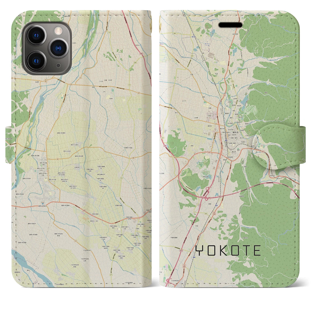 【横手(秋田県)】地図柄iPhoneケース(手帳タイプ)ナチュラル・iPhone 11 Pro Max 用