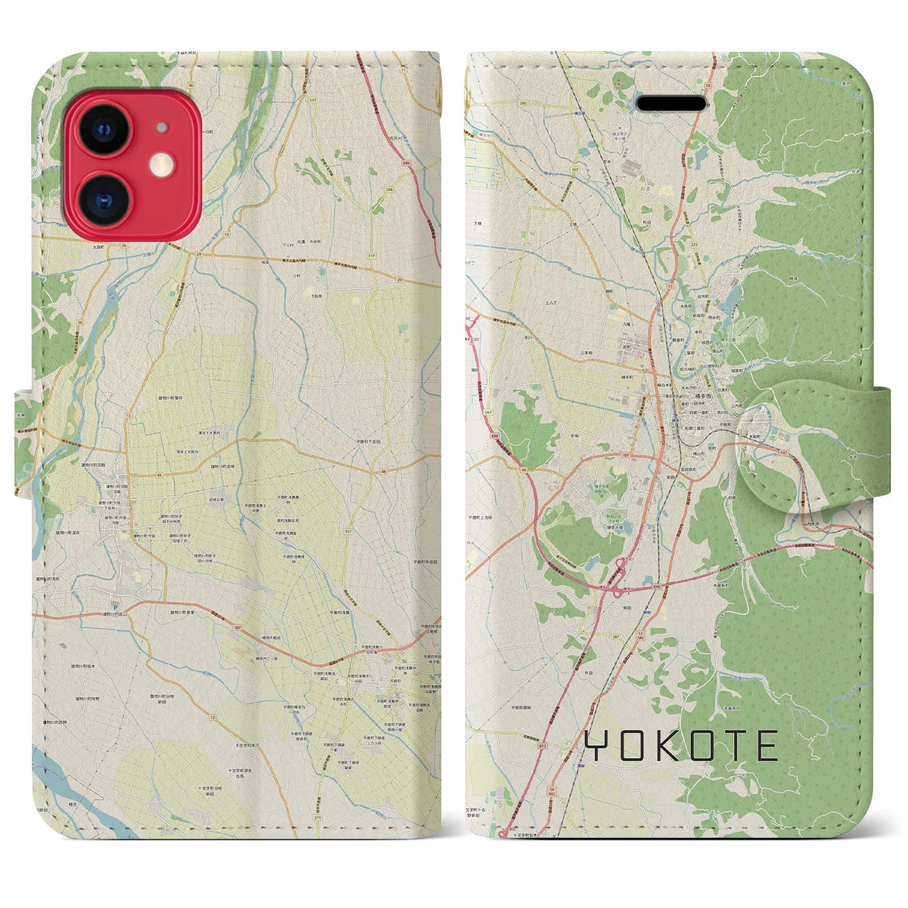 【横手(秋田県)】地図柄iPhoneケース(手帳タイプ)ナチュラル・iPhone 11 用