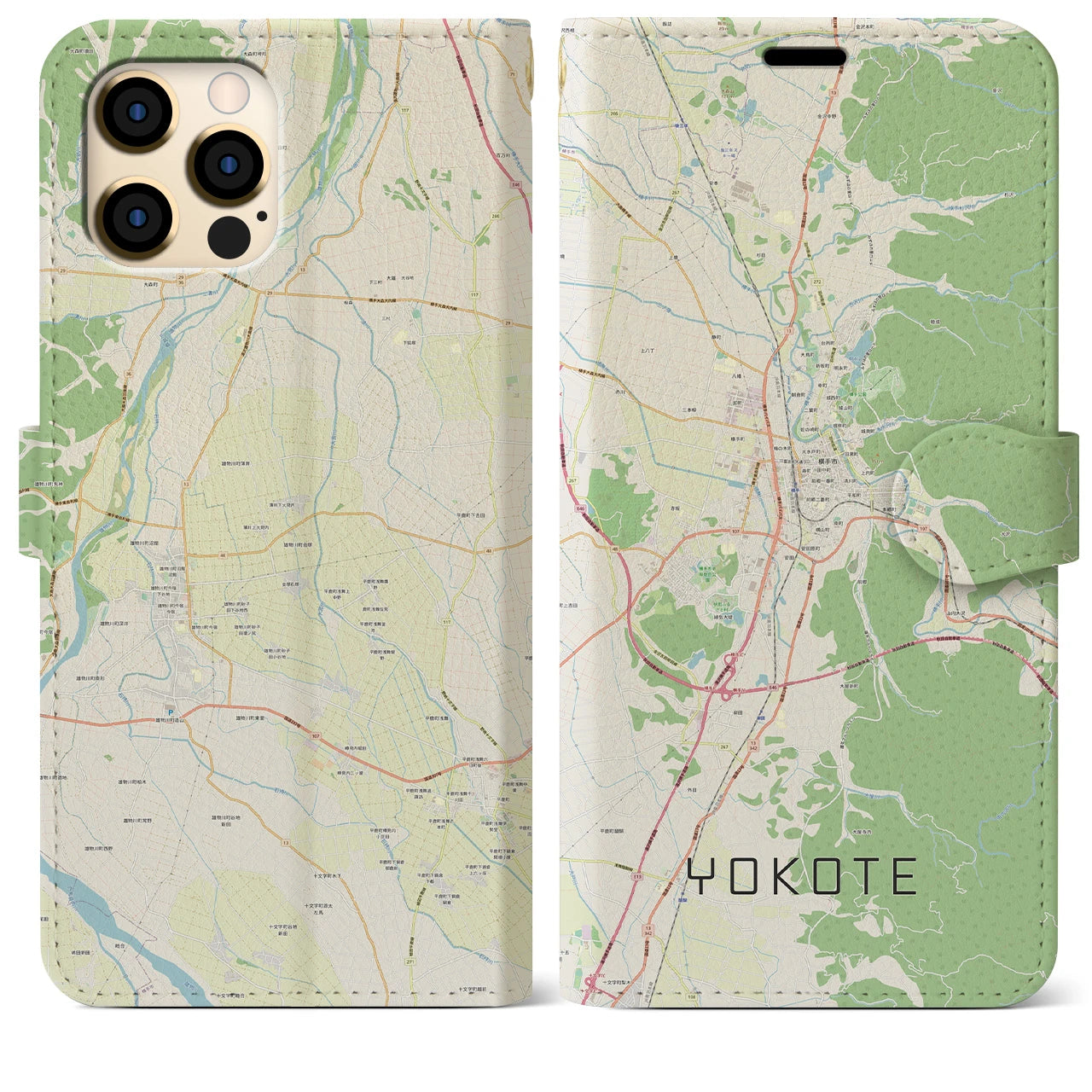 【横手(秋田県)】地図柄iPhoneケース(手帳タイプ)ナチュラル・iPhone 12 Pro Max 用