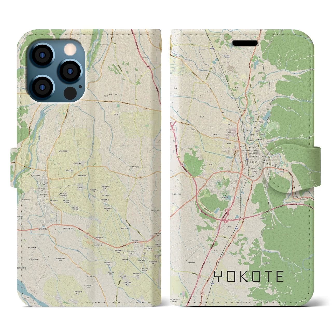 【横手(秋田県)】地図柄iPhoneケース(手帳タイプ)ナチュラル・iPhone 12 / 12 Pro 用