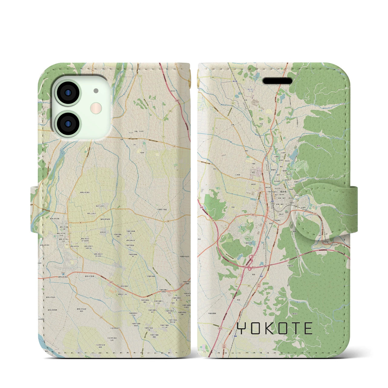 【横手(秋田県)】地図柄iPhoneケース(手帳タイプ)ナチュラル・iPhone 12 mini 用