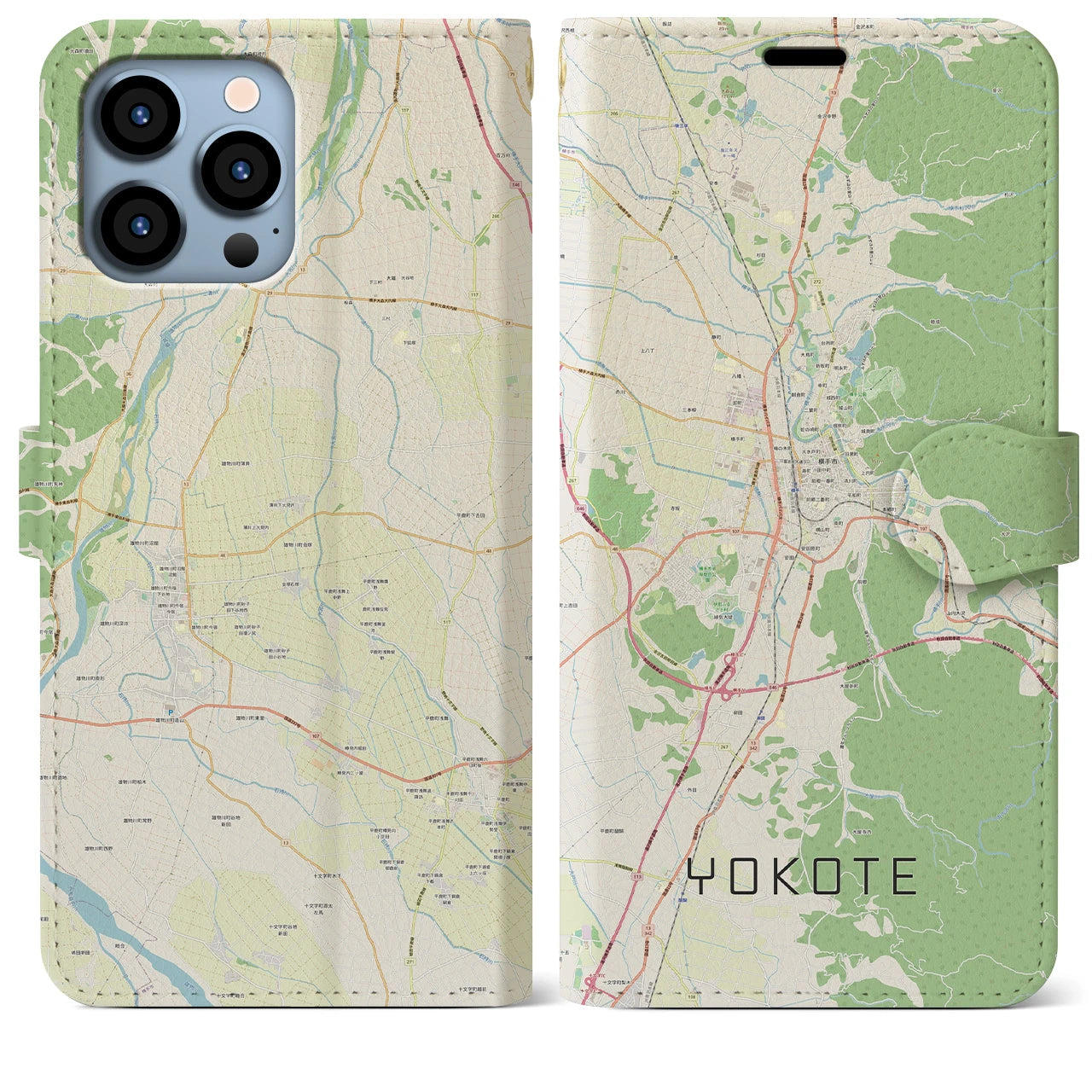 【横手(秋田県)】地図柄iPhoneケース(手帳タイプ)ナチュラル・iPhone 13 Pro Max 用