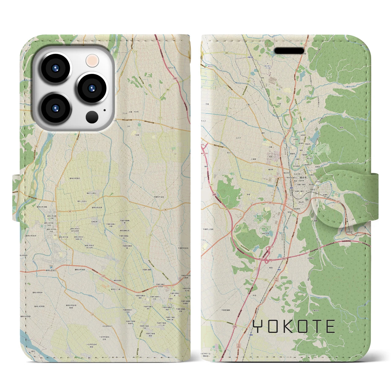【横手(秋田県)】地図柄iPhoneケース(手帳タイプ)ナチュラル・iPhone 13 Pro 用