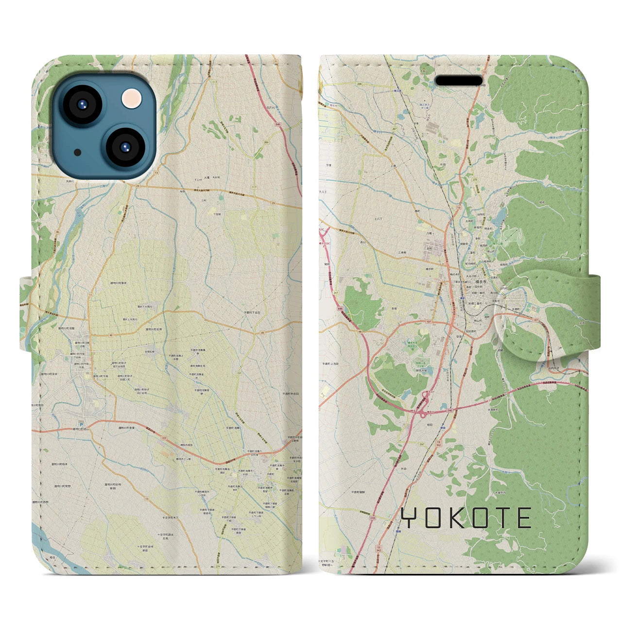【横手(秋田県)】地図柄iPhoneケース(手帳タイプ)ナチュラル・iPhone 13 用