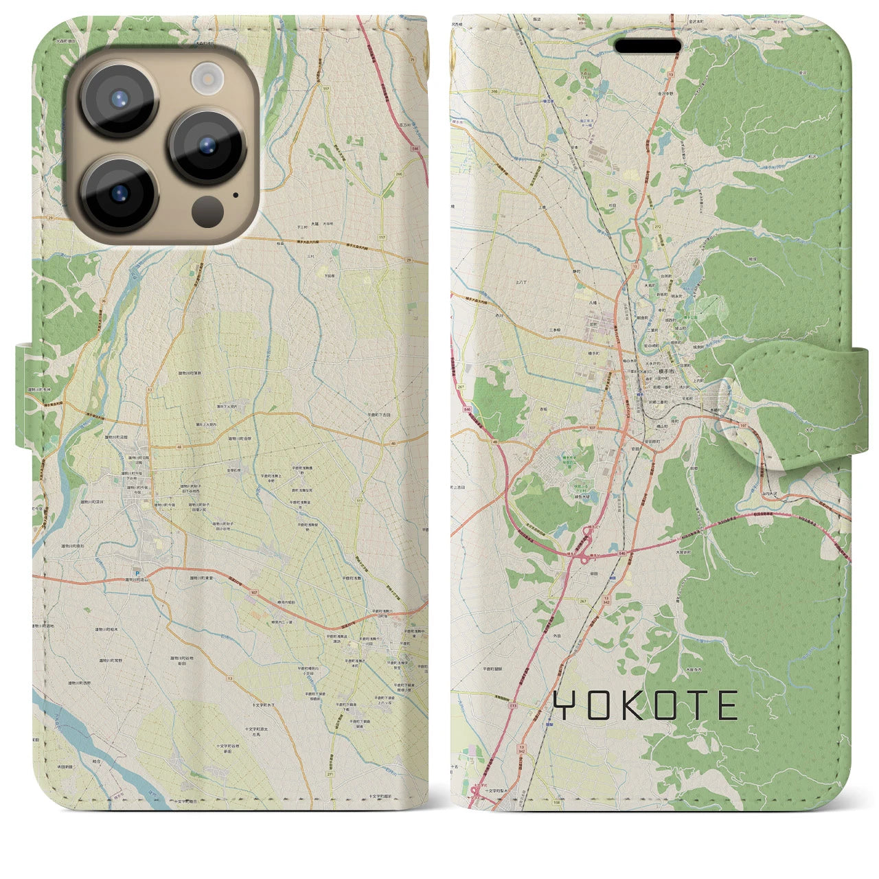【横手(秋田県)】地図柄iPhoneケース(手帳タイプ)ナチュラル・iPhone 14 Pro Max 用
