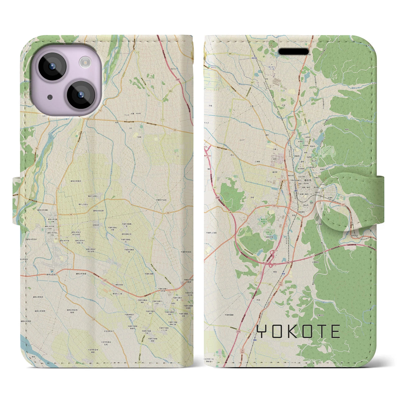 【横手(秋田県)】地図柄iPhoneケース(手帳タイプ)ナチュラル・iPhone 14 用