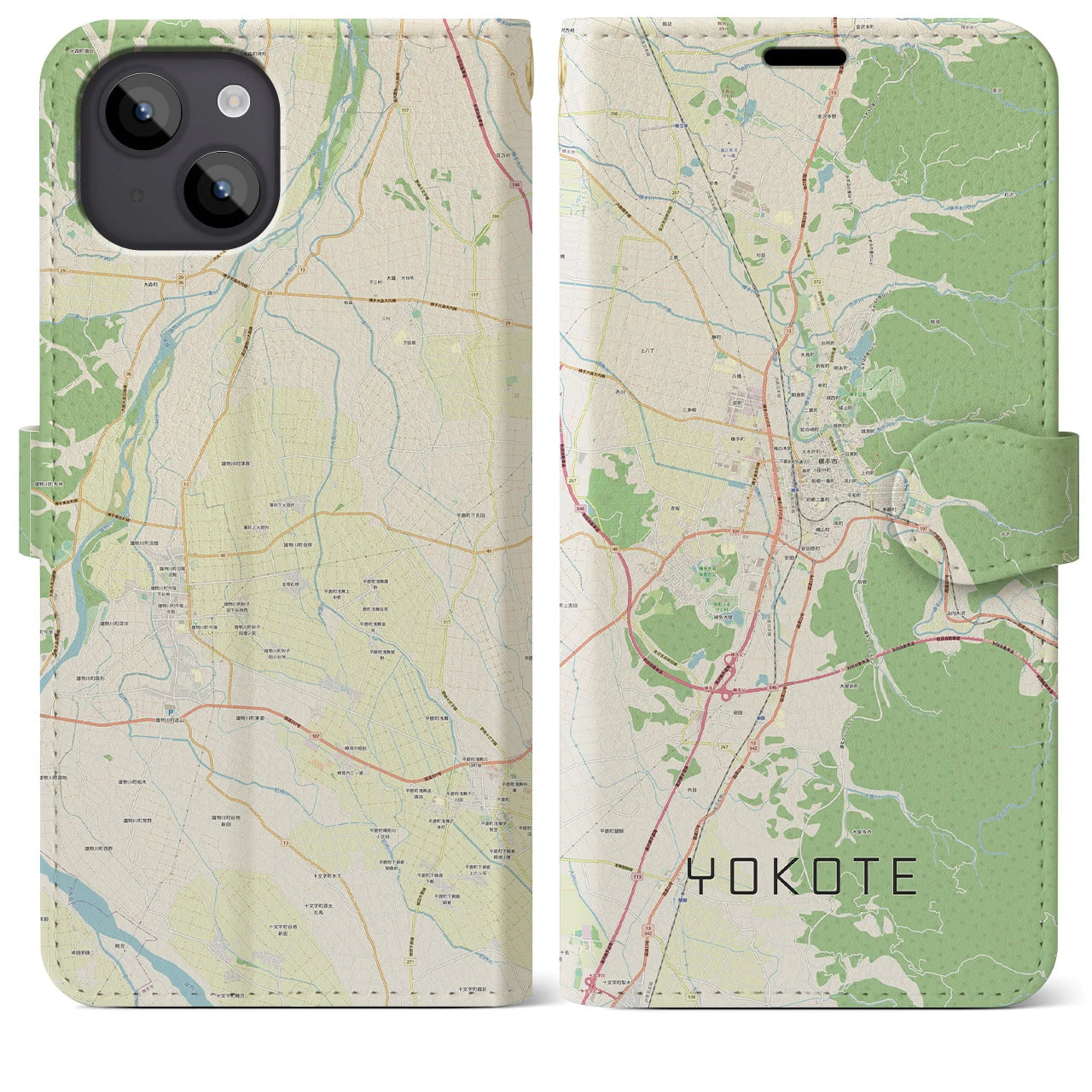 【横手(秋田県)】地図柄iPhoneケース(手帳タイプ)ナチュラル・iPhone 14 Plus 用