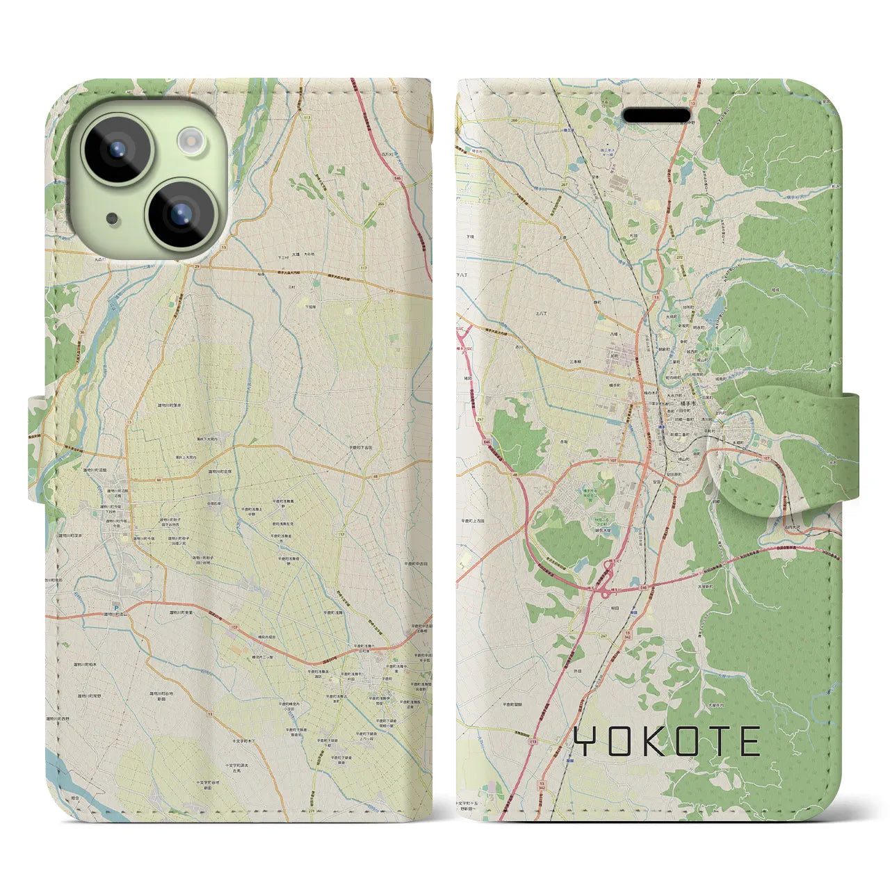 【横手(秋田県)】地図柄iPhoneケース(手帳タイプ)ナチュラル・iPhone 15 用