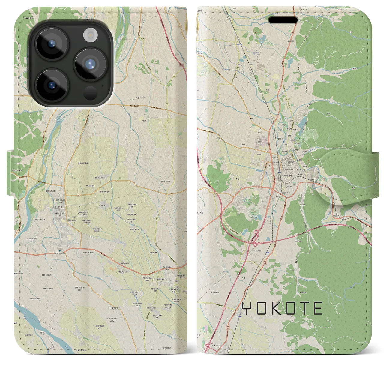 【横手(秋田県)】地図柄iPhoneケース(手帳タイプ)ナチュラル・iPhone 15 Pro Max 用