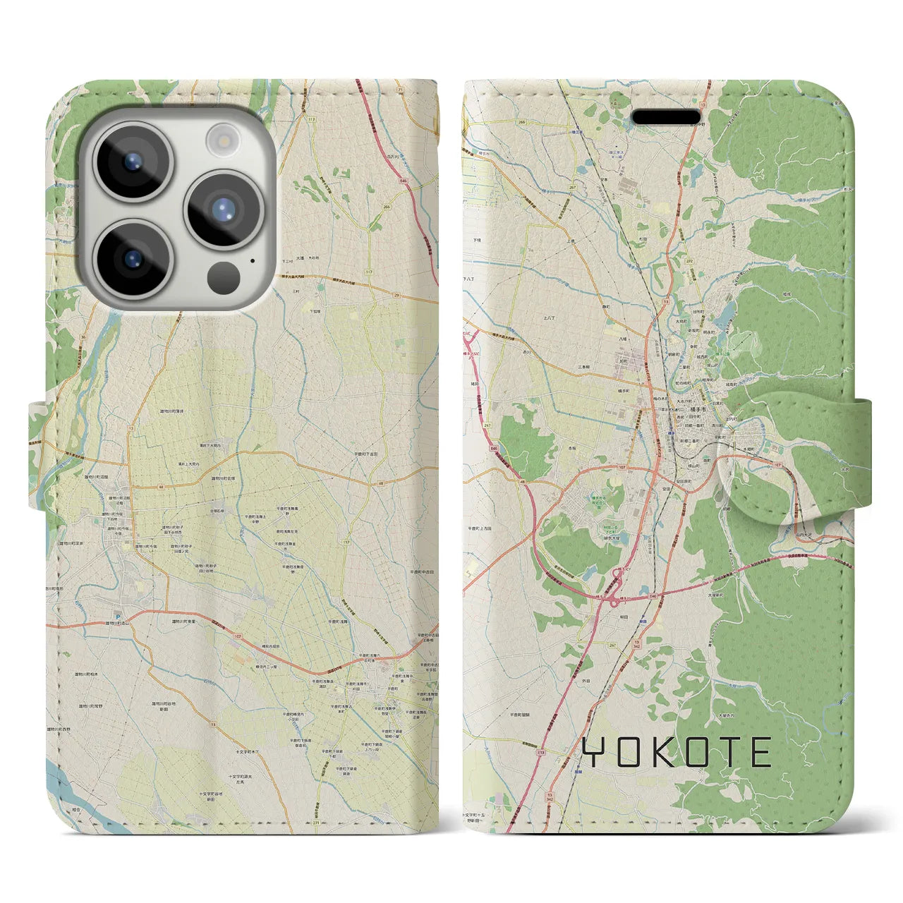 【横手(秋田県)】地図柄iPhoneケース(手帳タイプ)ナチュラル・iPhone 15 Pro 用