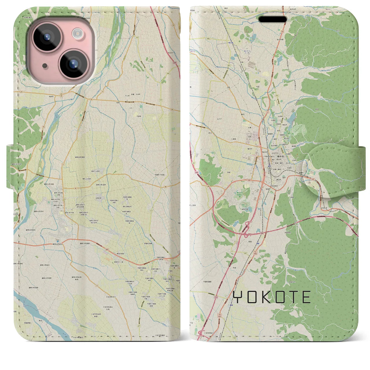 【横手(秋田県)】地図柄iPhoneケース(手帳タイプ)ナチュラル・iPhone 15 Plus 用