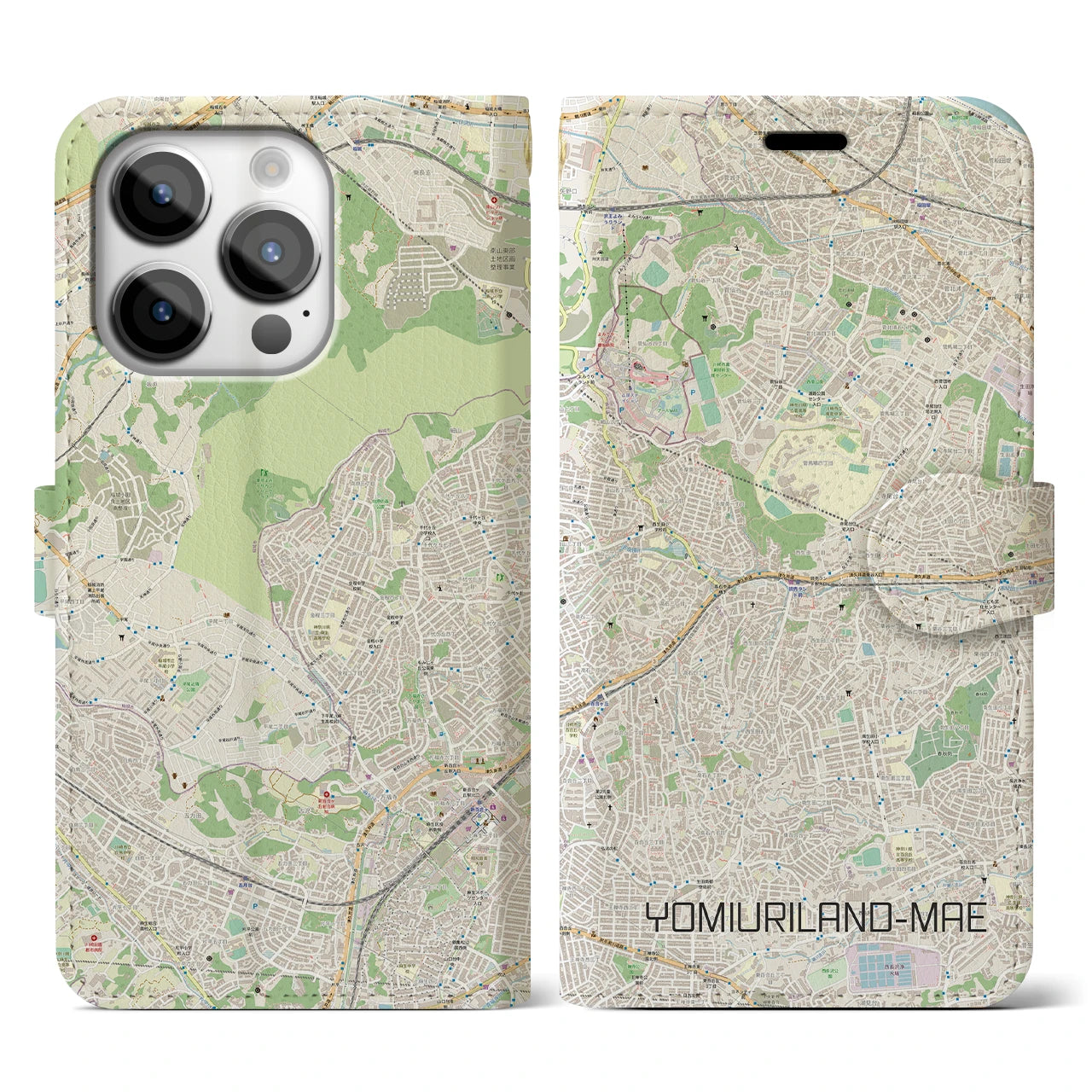【読売ランド前(神奈川県)】地図柄iPhoneケース(手帳タイプ)ナチュラル・iPhone 14 Pro 用