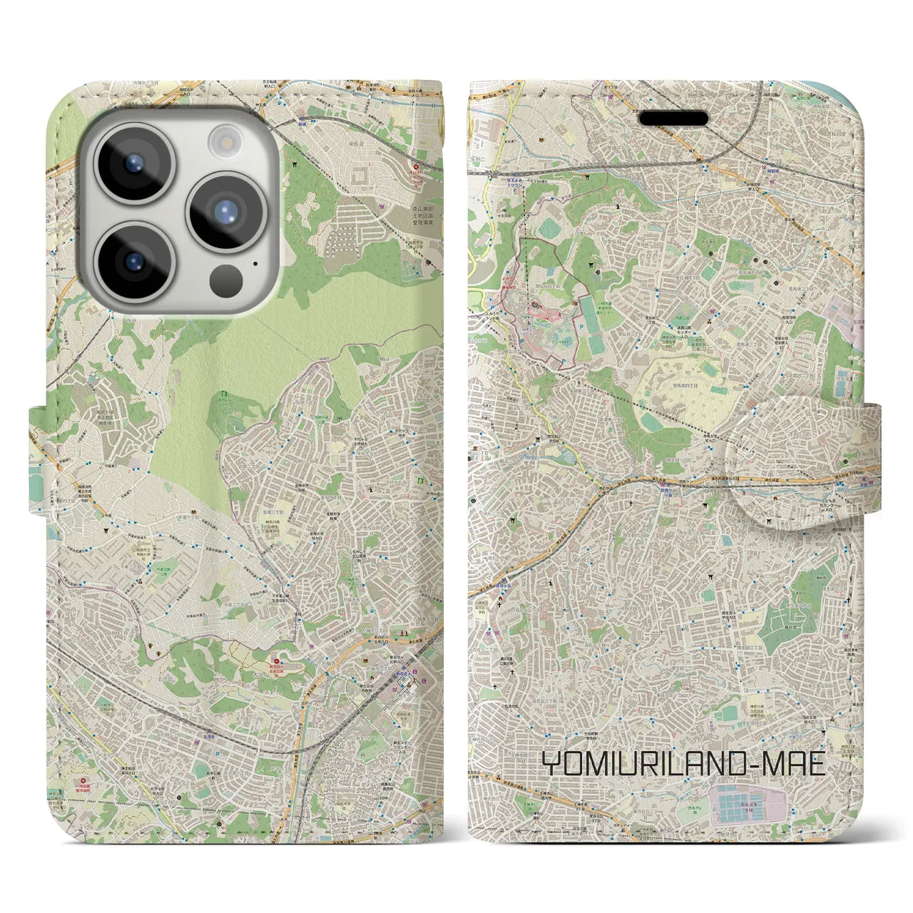 【読売ランド前(神奈川県)】地図柄iPhoneケース(手帳タイプ)ナチュラル・iPhone 15 Pro 用