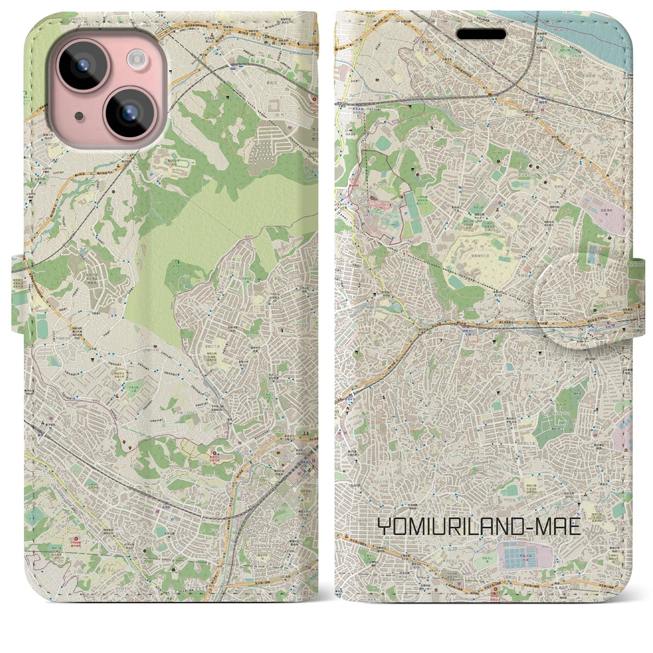 【読売ランド前(神奈川県)】地図柄iPhoneケース(手帳タイプ)ナチュラル・iPhone 15 Plus 用