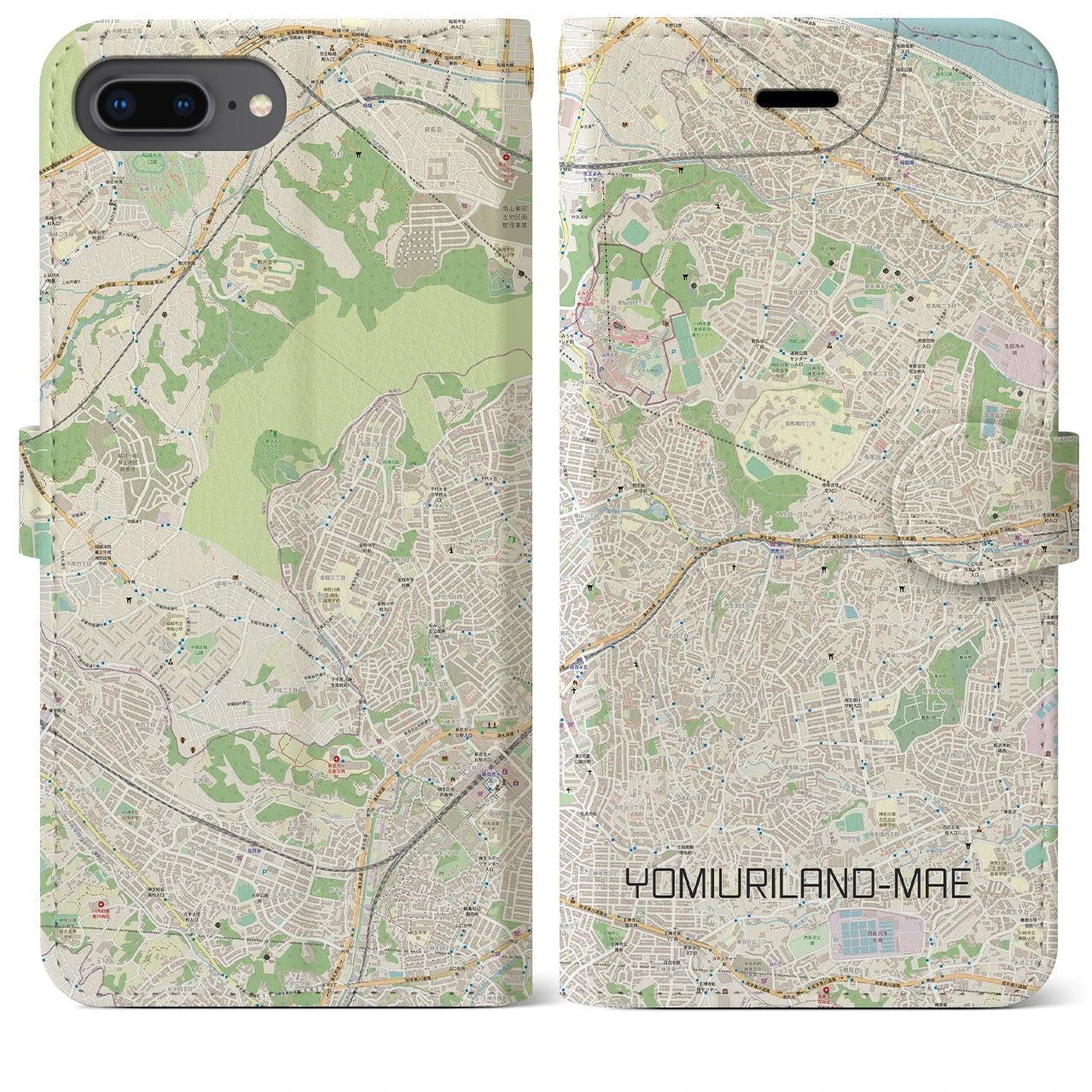 【読売ランド前(神奈川県)】地図柄iPhoneケース(手帳タイプ)ナチュラル・iPhone 8Plus /7Plus / 6sPlus / 6Plus 用