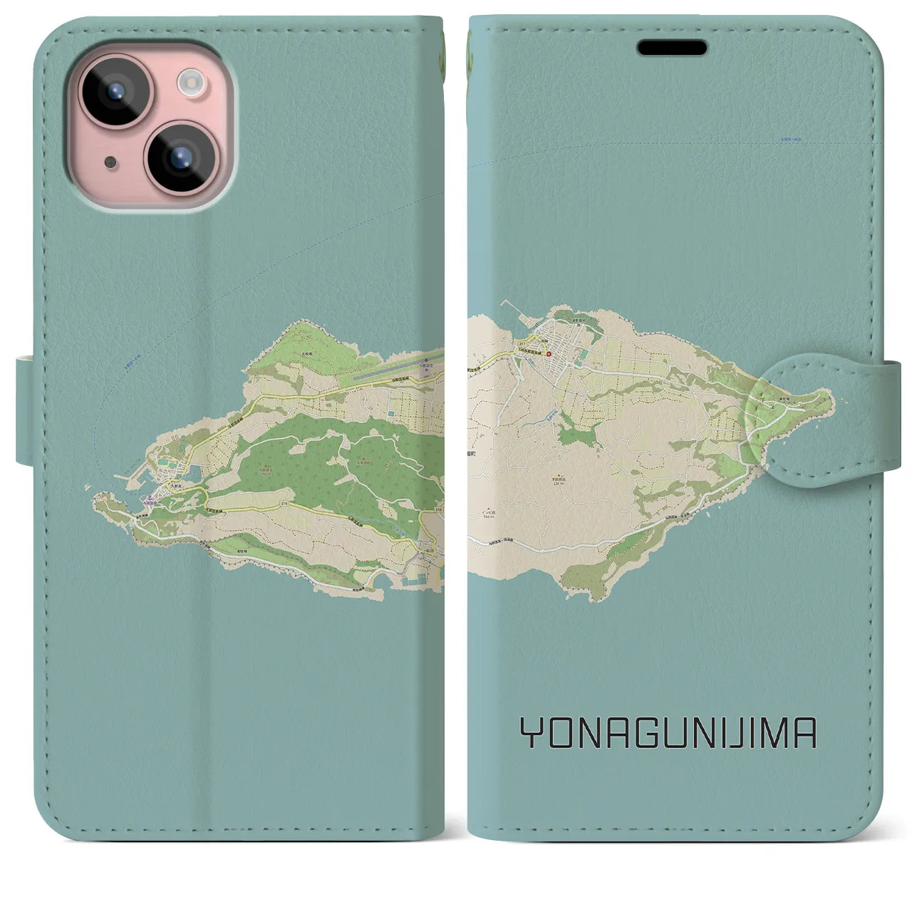 【与那国島(沖縄県)】地図柄iPhoneケース(手帳タイプ)ナチュラル・iPhone 15 Plus 用