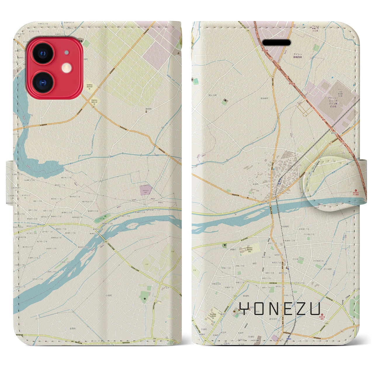 【米津(愛知県)】地図柄iPhoneケース(手帳タイプ)ナチュラル・iPhone 11 用
