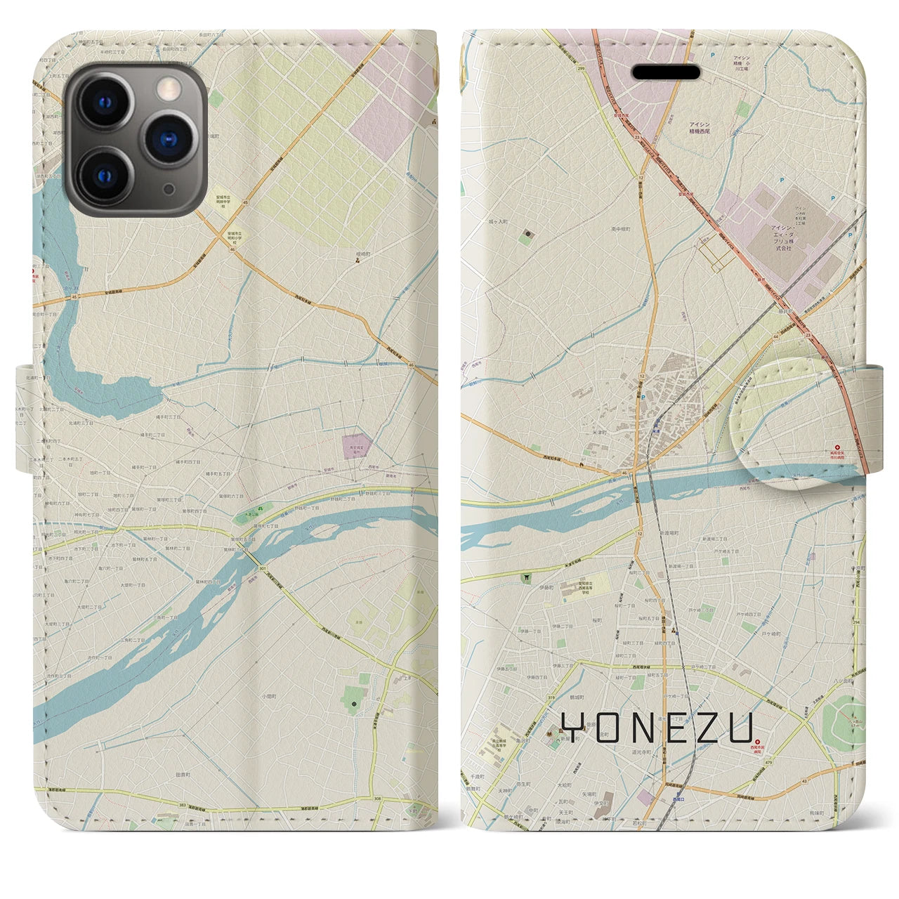 【米津(愛知県)】地図柄iPhoneケース(手帳タイプ)ナチュラル・iPhone 11 Pro Max 用
