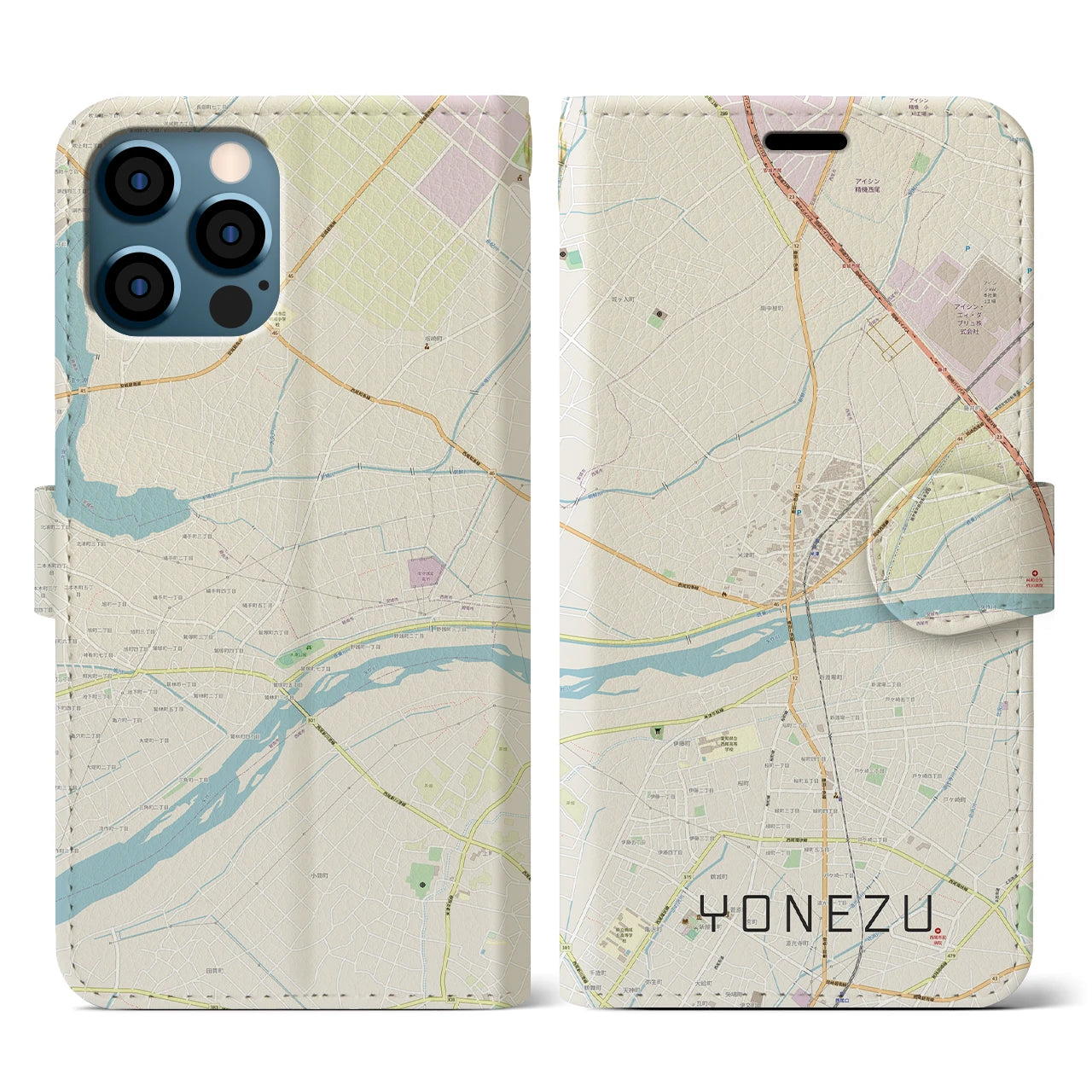 【米津(愛知県)】地図柄iPhoneケース(手帳タイプ)ナチュラル・iPhone 12 / 12 Pro 用