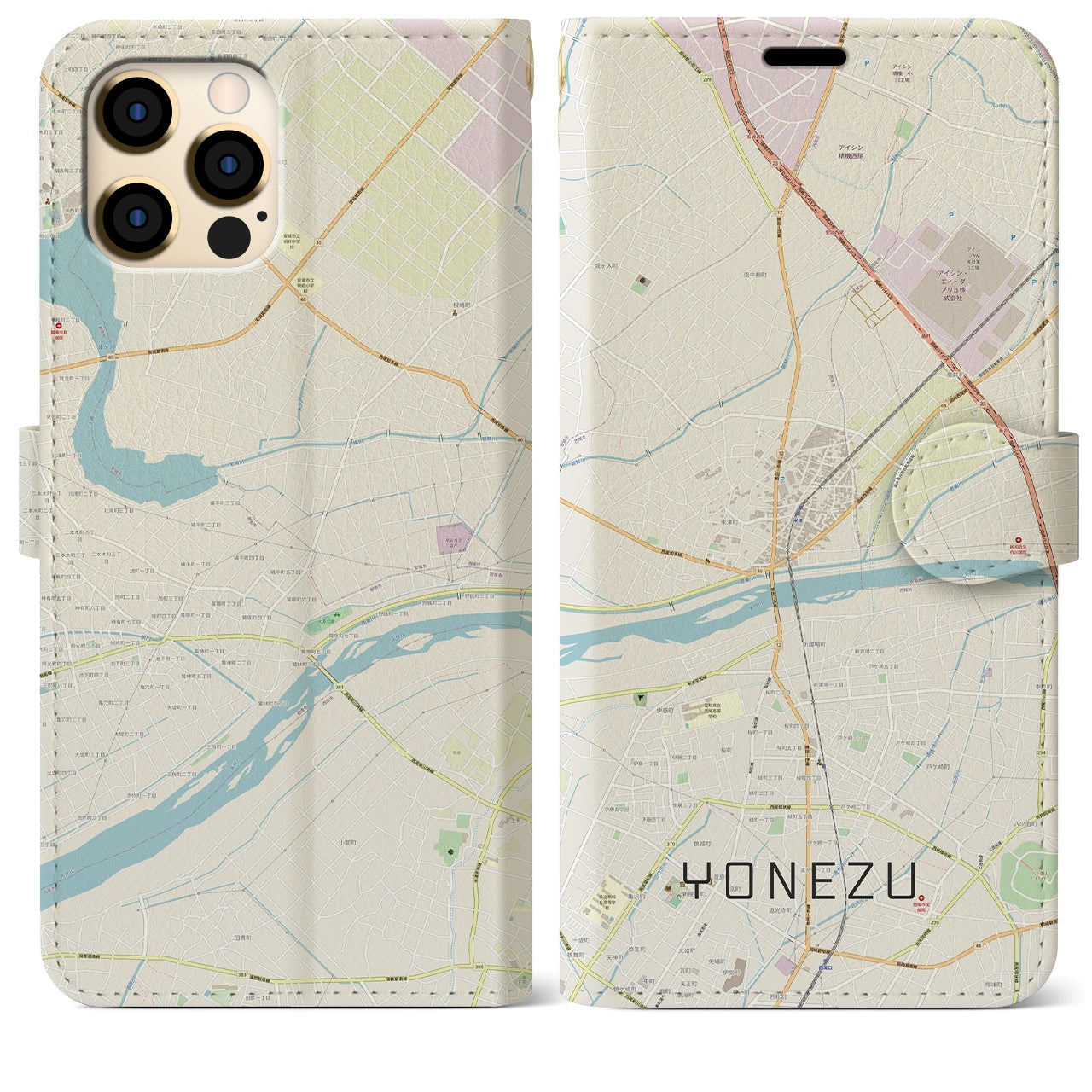 【米津(愛知県)】地図柄iPhoneケース(手帳タイプ)ナチュラル・iPhone 12 Pro Max 用