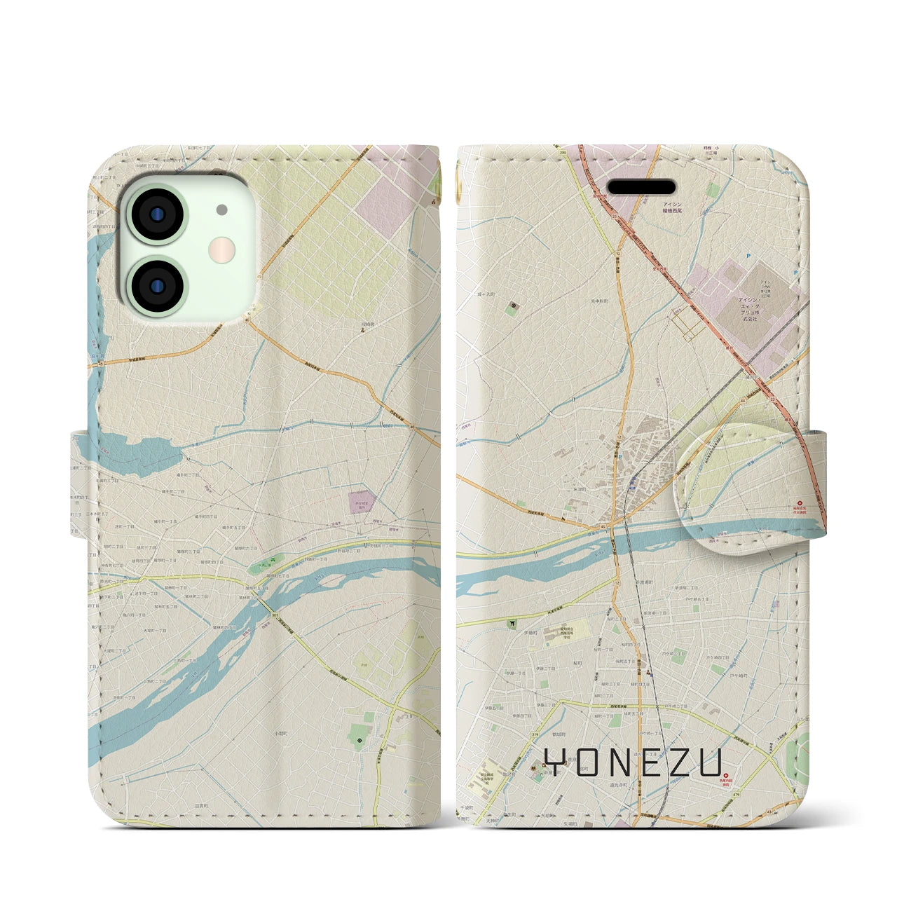 【米津(愛知県)】地図柄iPhoneケース(手帳タイプ)ナチュラル・iPhone 12 mini 用