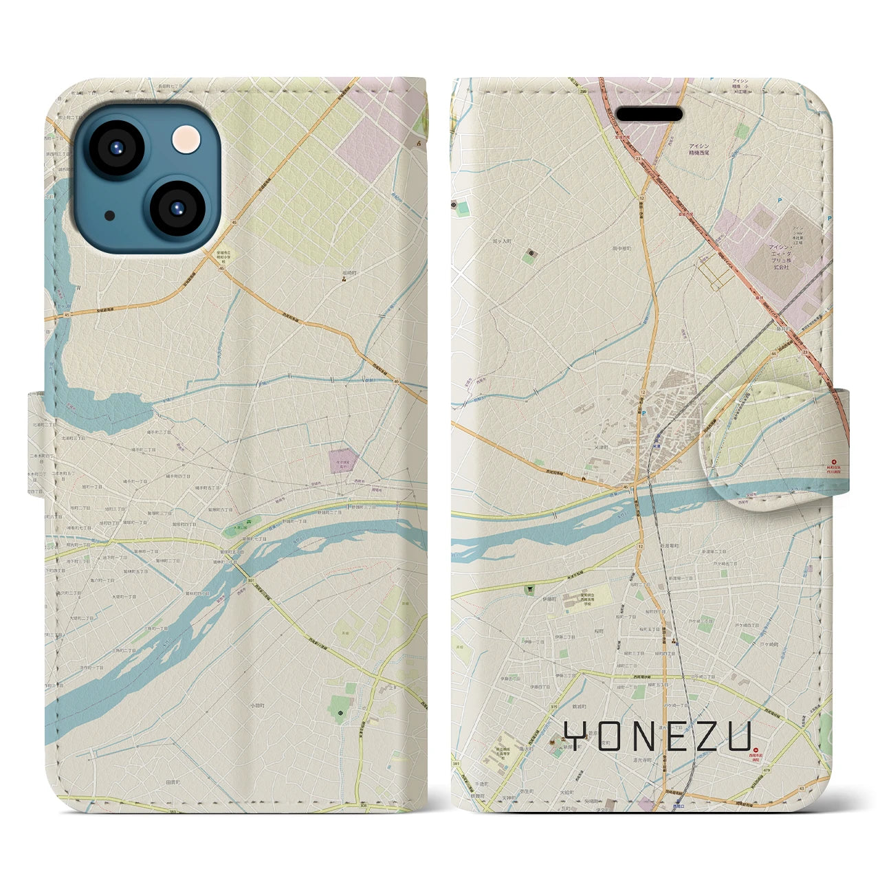 【米津(愛知県)】地図柄iPhoneケース(手帳タイプ)ナチュラル・iPhone 13 用