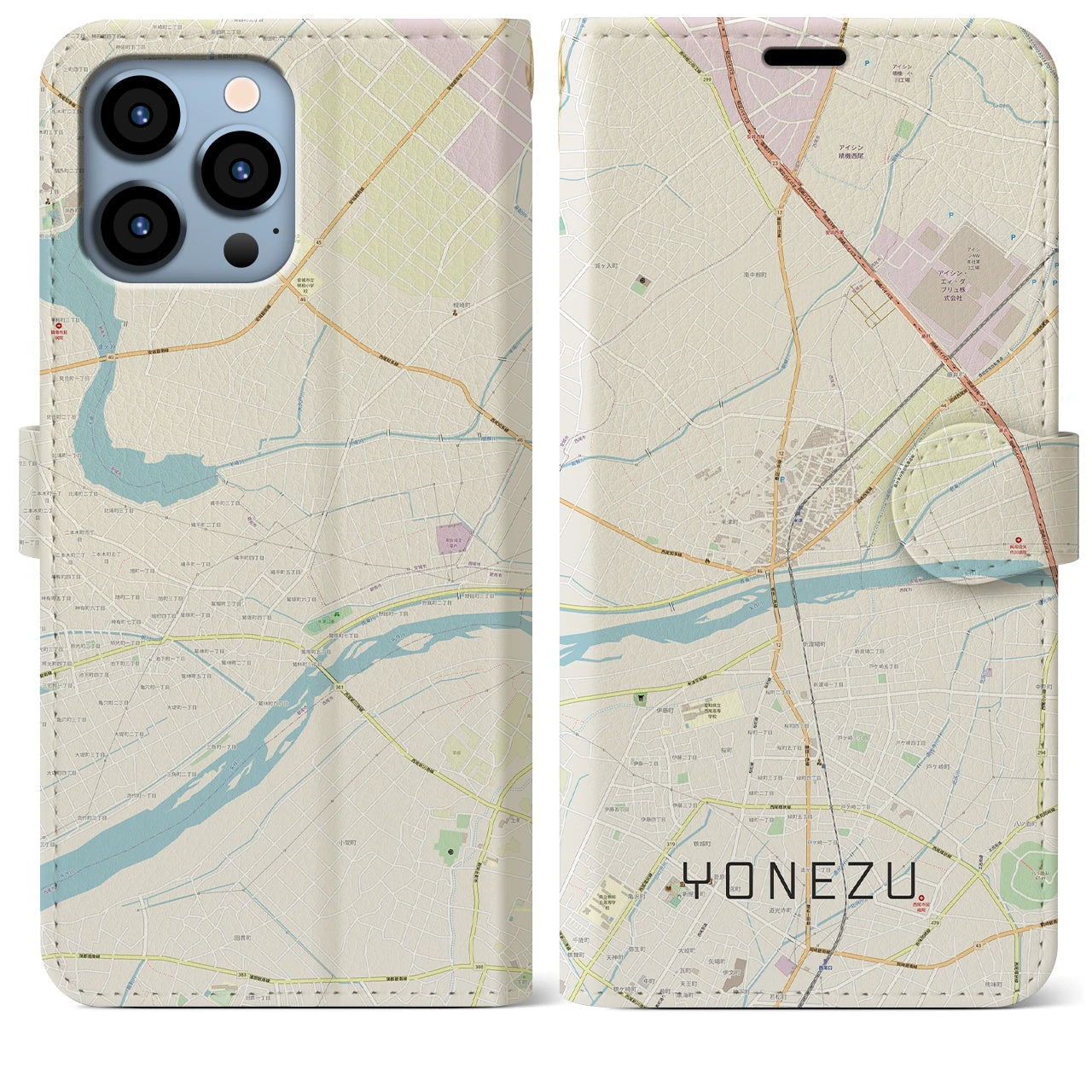 【米津(愛知県)】地図柄iPhoneケース(手帳タイプ)ナチュラル・iPhone 13 Pro Max 用