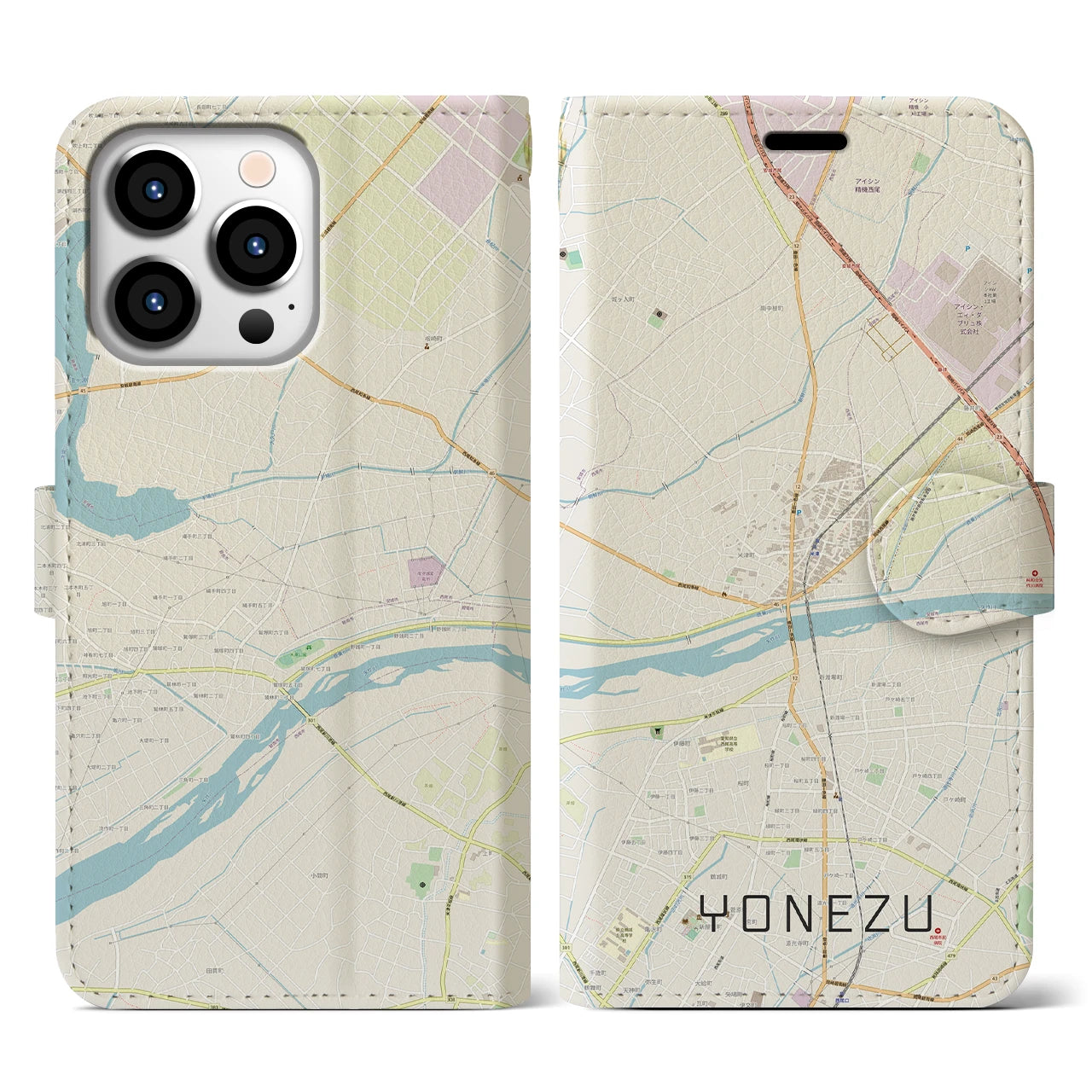 【米津(愛知県)】地図柄iPhoneケース(手帳タイプ)ナチュラル・iPhone 13 Pro 用