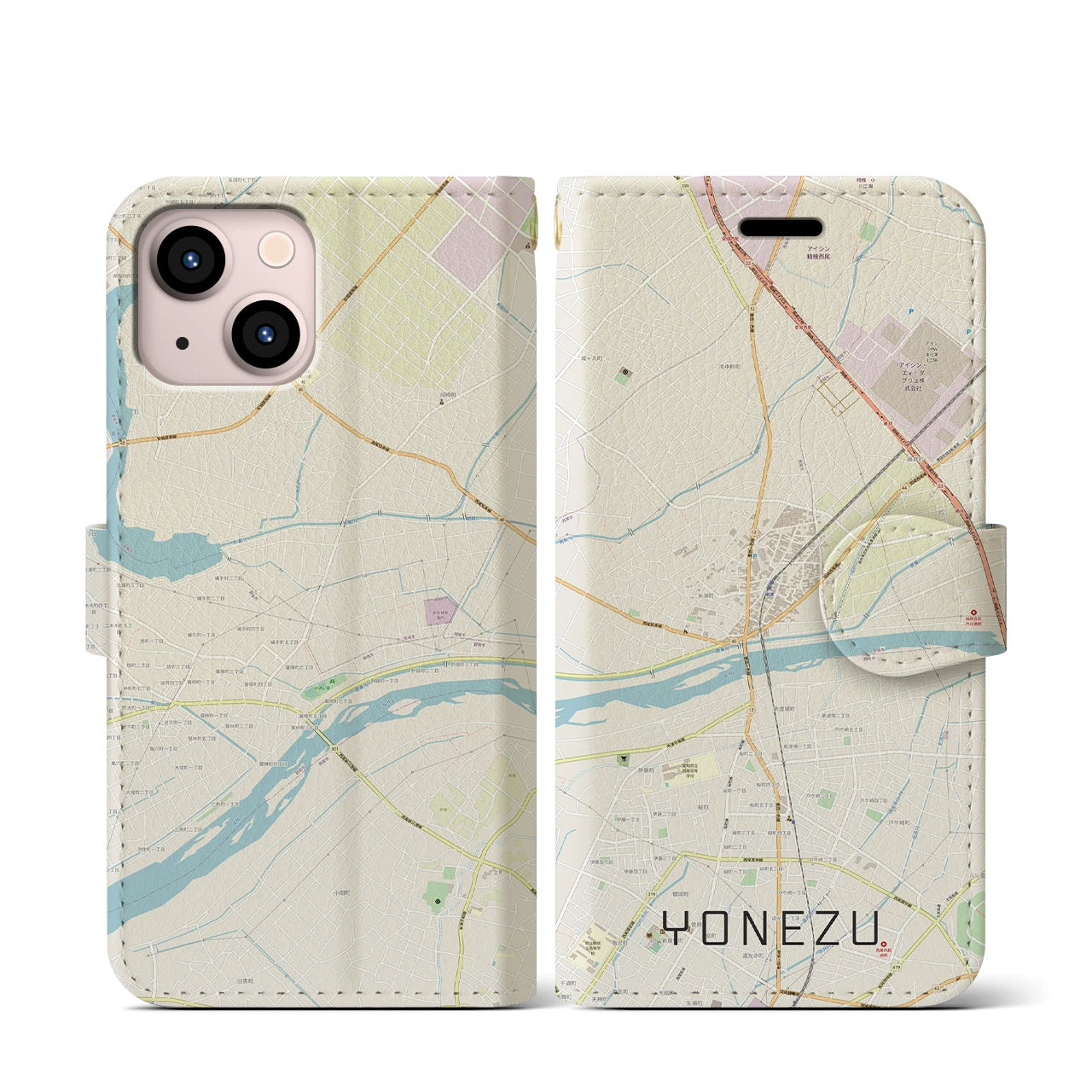 【米津(愛知県)】地図柄iPhoneケース(手帳タイプ)ナチュラル・iPhone 13 mini 用