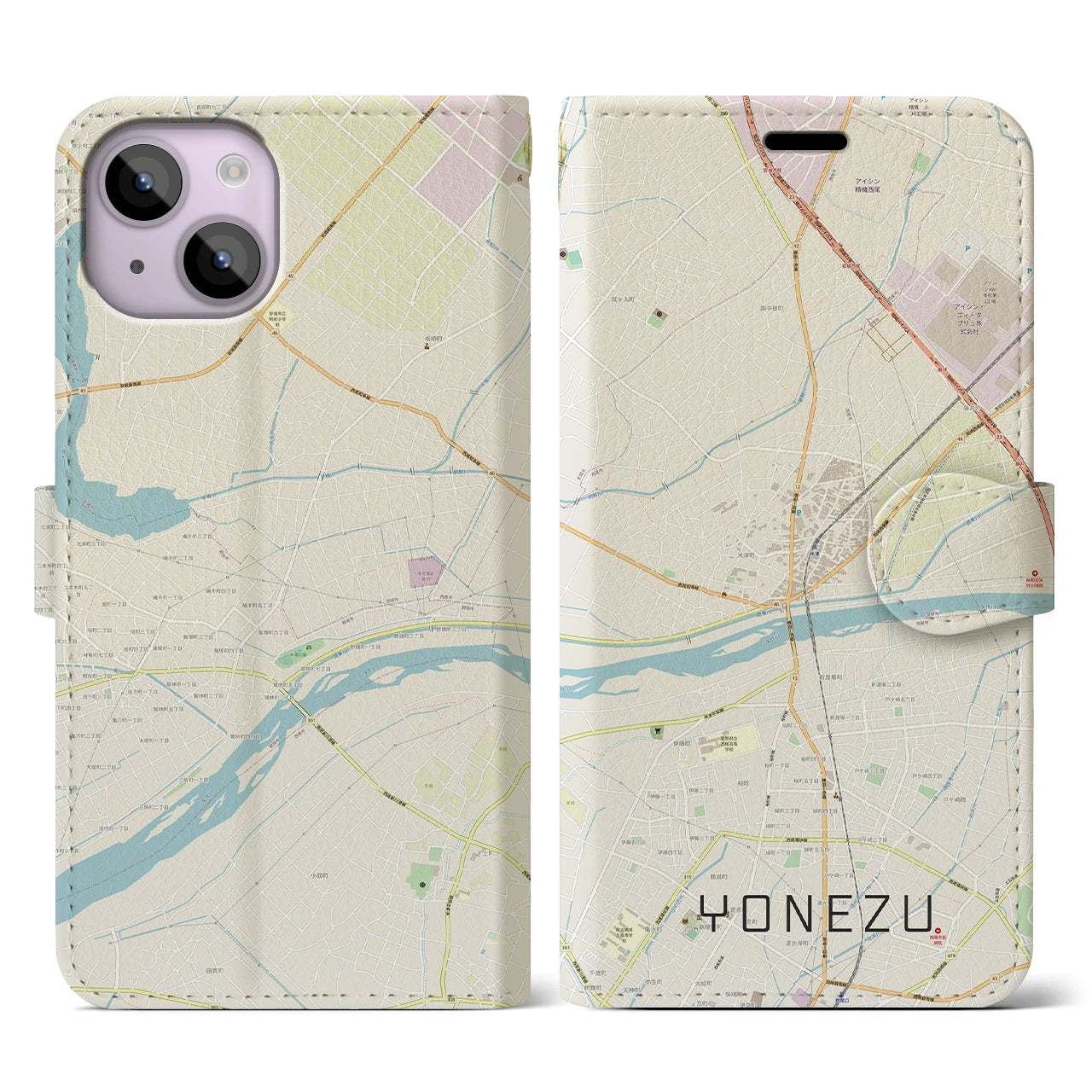 【米津(愛知県)】地図柄iPhoneケース(手帳タイプ)ナチュラル・iPhone 14 用