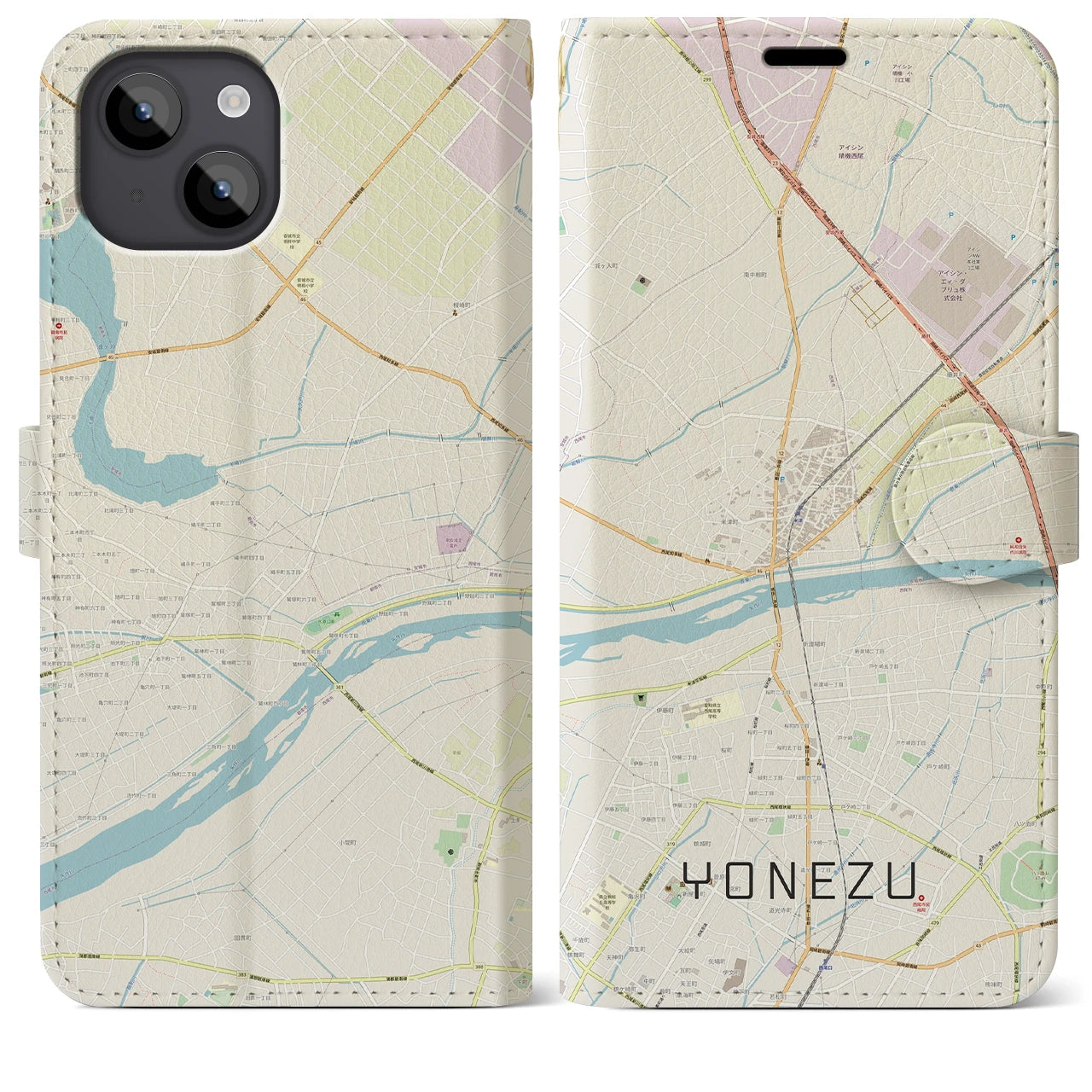 【米津(愛知県)】地図柄iPhoneケース(手帳タイプ)ナチュラル・iPhone 14 Plus 用
