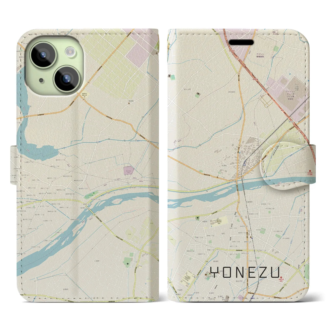 【米津(愛知県)】地図柄iPhoneケース(手帳タイプ)ナチュラル・iPhone 15 用