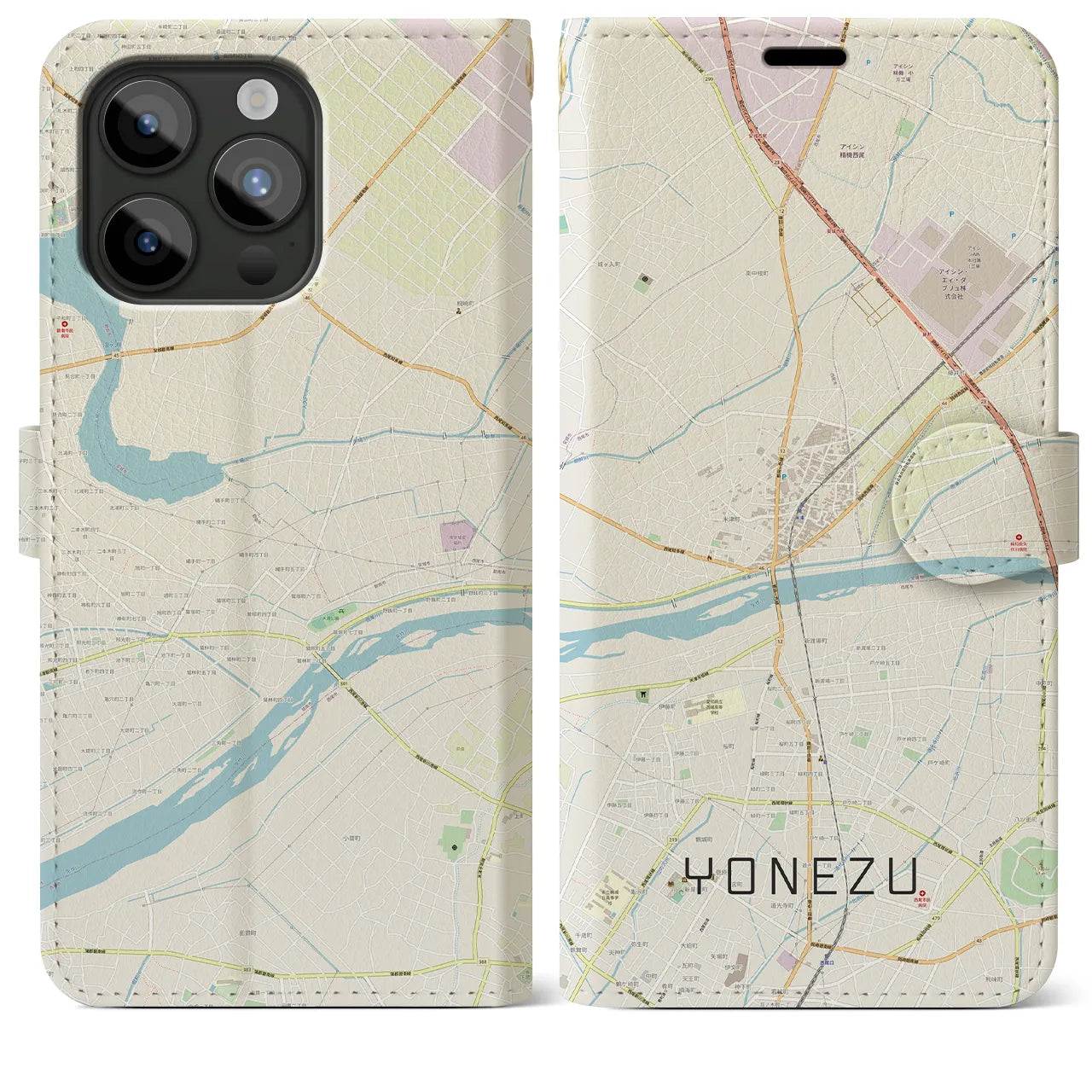 【米津(愛知県)】地図柄iPhoneケース(手帳タイプ)ナチュラル・iPhone 15 Pro Max 用