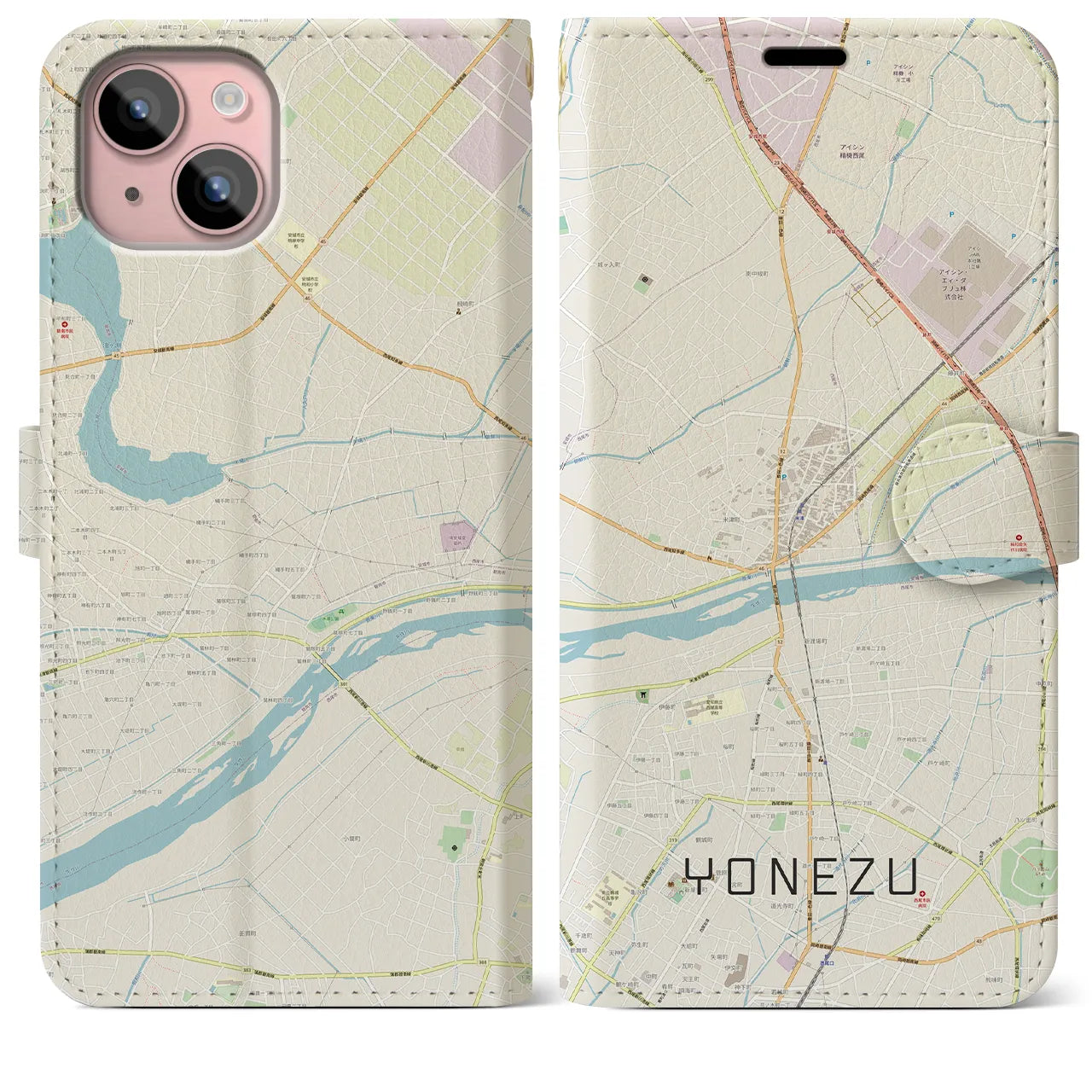 【米津(愛知県)】地図柄iPhoneケース(手帳タイプ)ナチュラル・iPhone 15 Plus 用