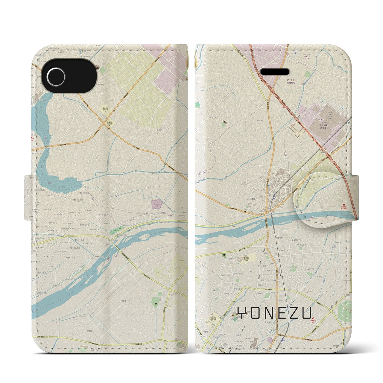 【米津(愛知県)】地図柄iPhoneケース(手帳タイプ)ナチュラル・iPhone SE(第3 / 第2世代) / 8 / 7 / 6s / 6 用