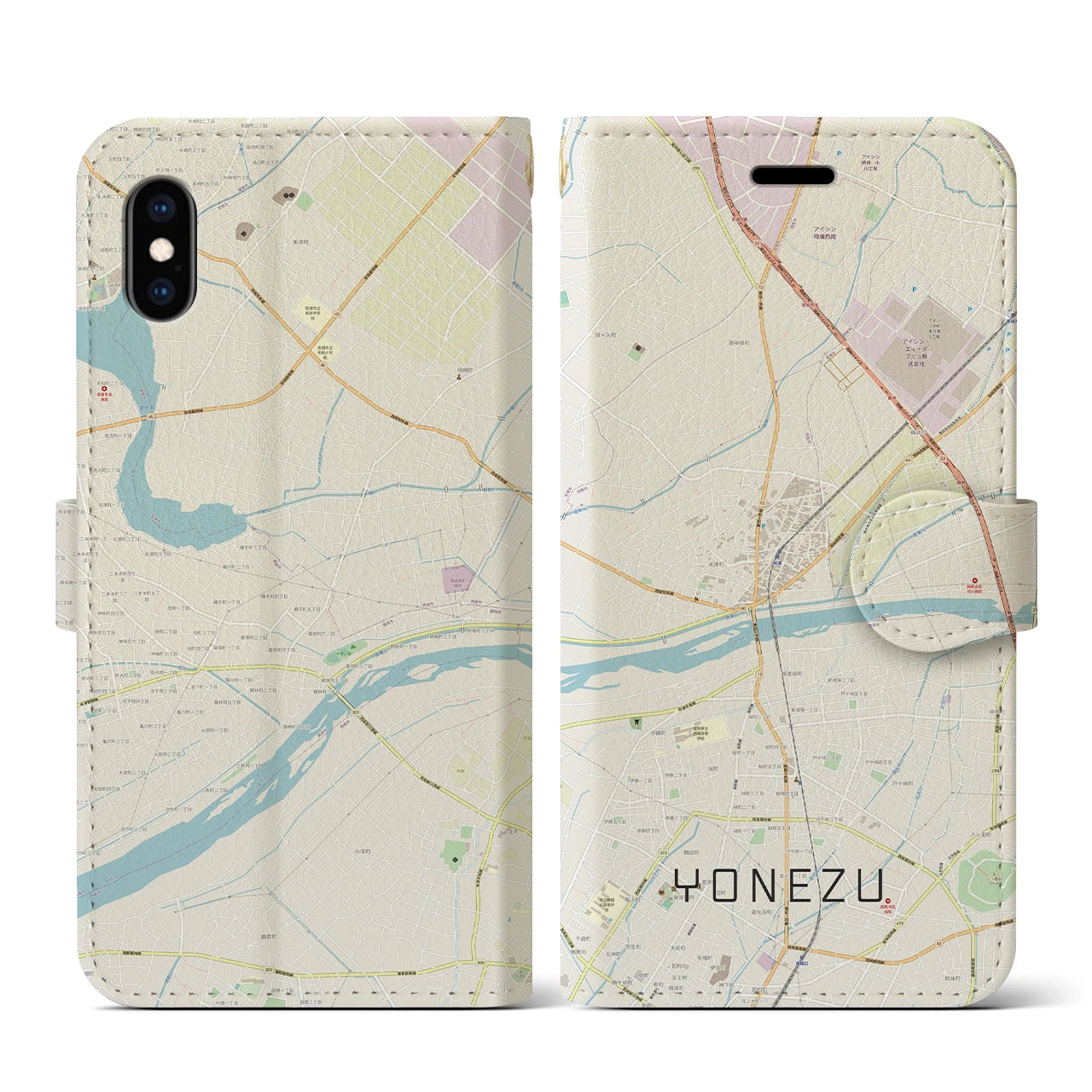 【米津(愛知県)】地図柄iPhoneケース(手帳タイプ)ナチュラル・iPhone XS / X 用