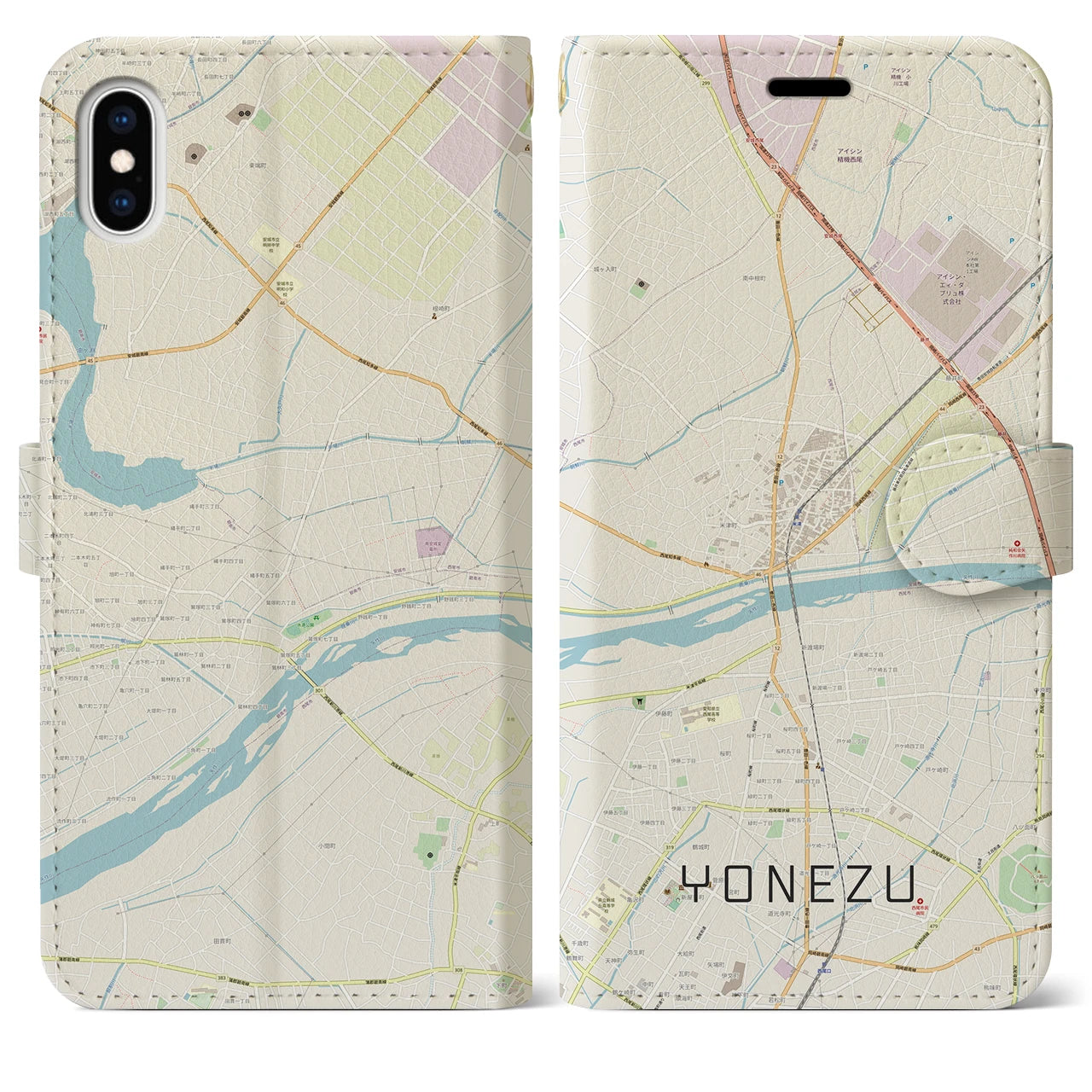 【米津(愛知県)】地図柄iPhoneケース(手帳タイプ)ナチュラル・iPhone XS Max 用