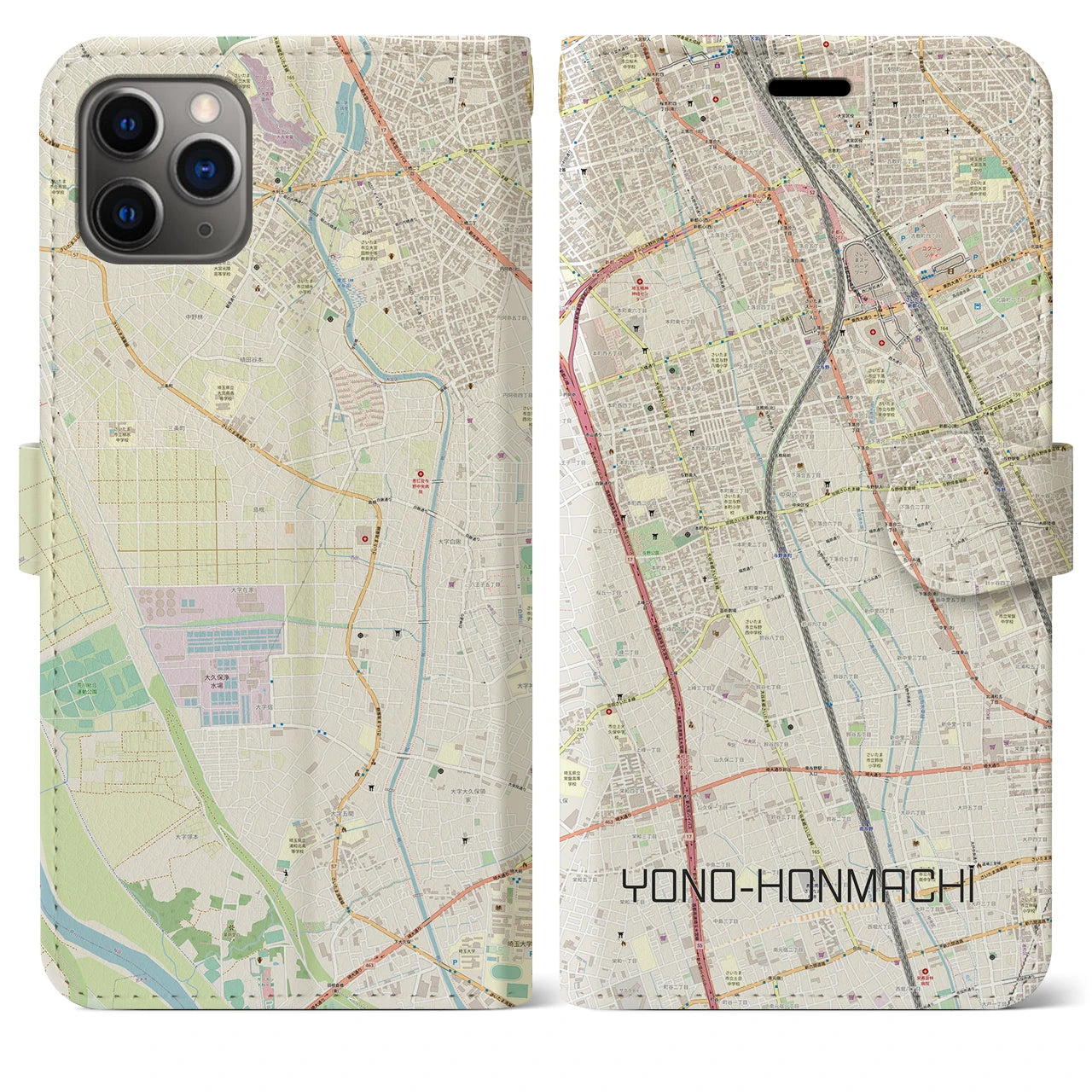 【与野本町(埼玉県)】地図柄iPhoneケース(手帳タイプ)ナチュラル・iPhone 11 Pro Max 用