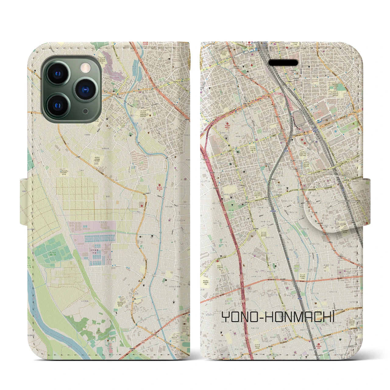 【与野本町(埼玉県)】地図柄iPhoneケース(手帳タイプ)ナチュラル・iPhone 11 Pro 用
