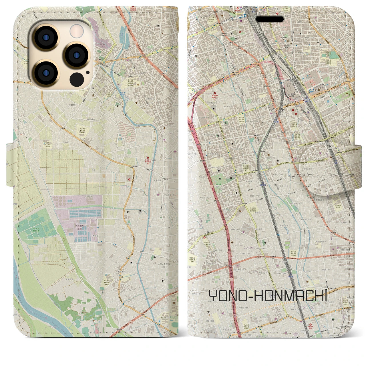 【与野本町(埼玉県)】地図柄iPhoneケース(手帳タイプ)ナチュラル・iPhone 12 Pro Max 用