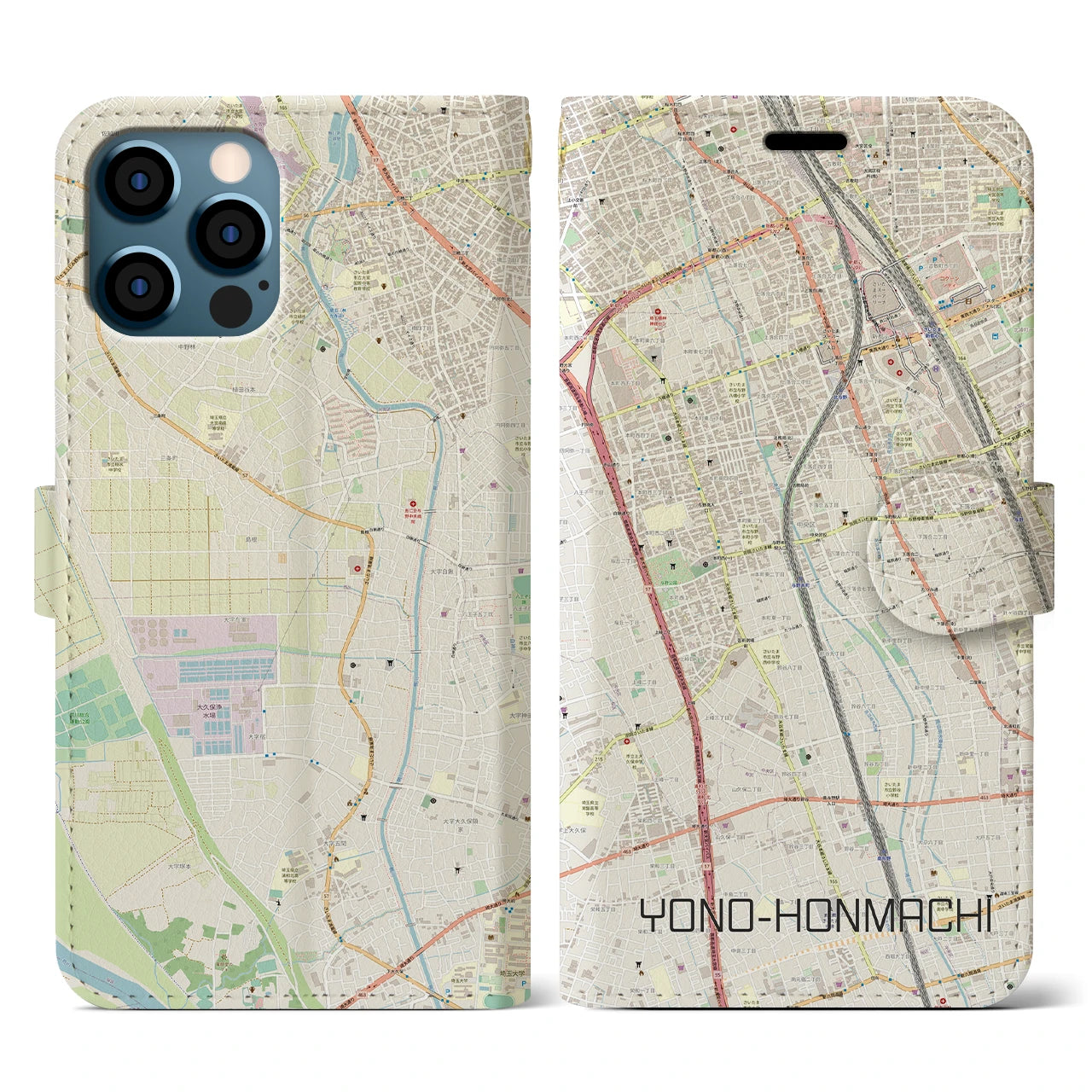 【与野本町(埼玉県)】地図柄iPhoneケース(手帳タイプ)ナチュラル・iPhone 12 / 12 Pro 用