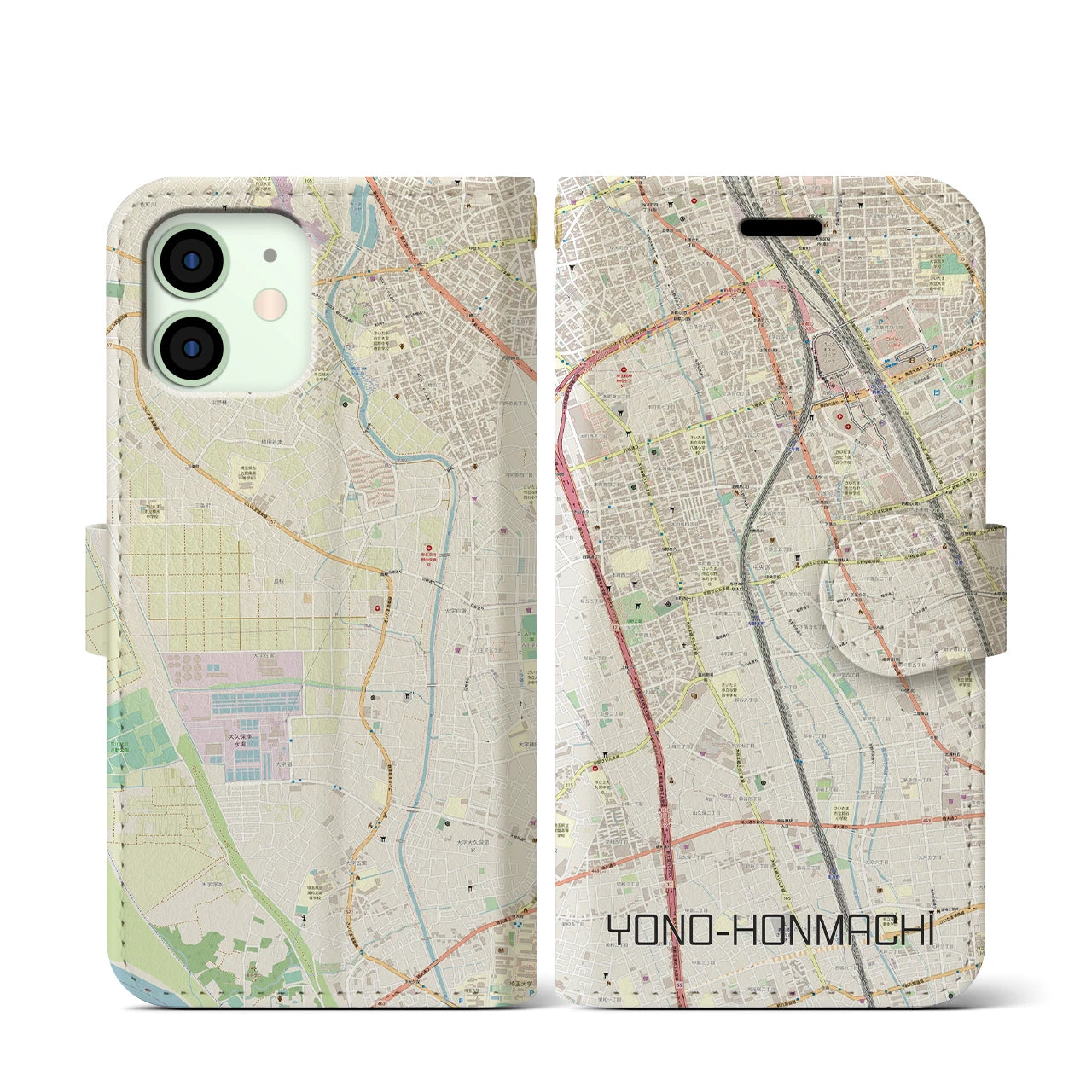 【与野本町(埼玉県)】地図柄iPhoneケース(手帳タイプ)ナチュラル・iPhone 12 mini 用