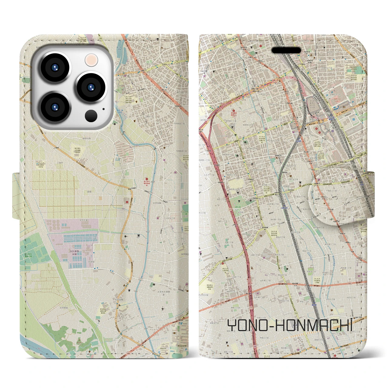 【与野本町(埼玉県)】地図柄iPhoneケース(手帳タイプ)ナチュラル・iPhone 13 Pro 用