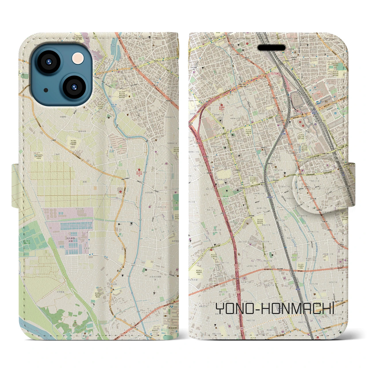 【与野本町(埼玉県)】地図柄iPhoneケース(手帳タイプ)ナチュラル・iPhone 13 用