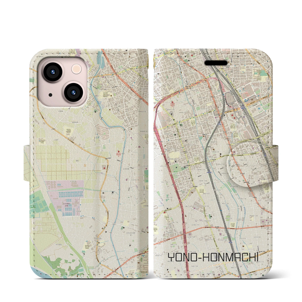 【与野本町(埼玉県)】地図柄iPhoneケース(手帳タイプ)ナチュラル・iPhone 13 mini 用